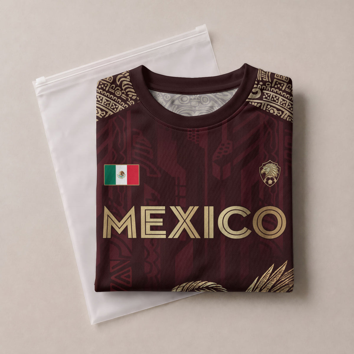 Camiseta de fútbol personalizada de México, color burdeos, águila y serpiente dorada