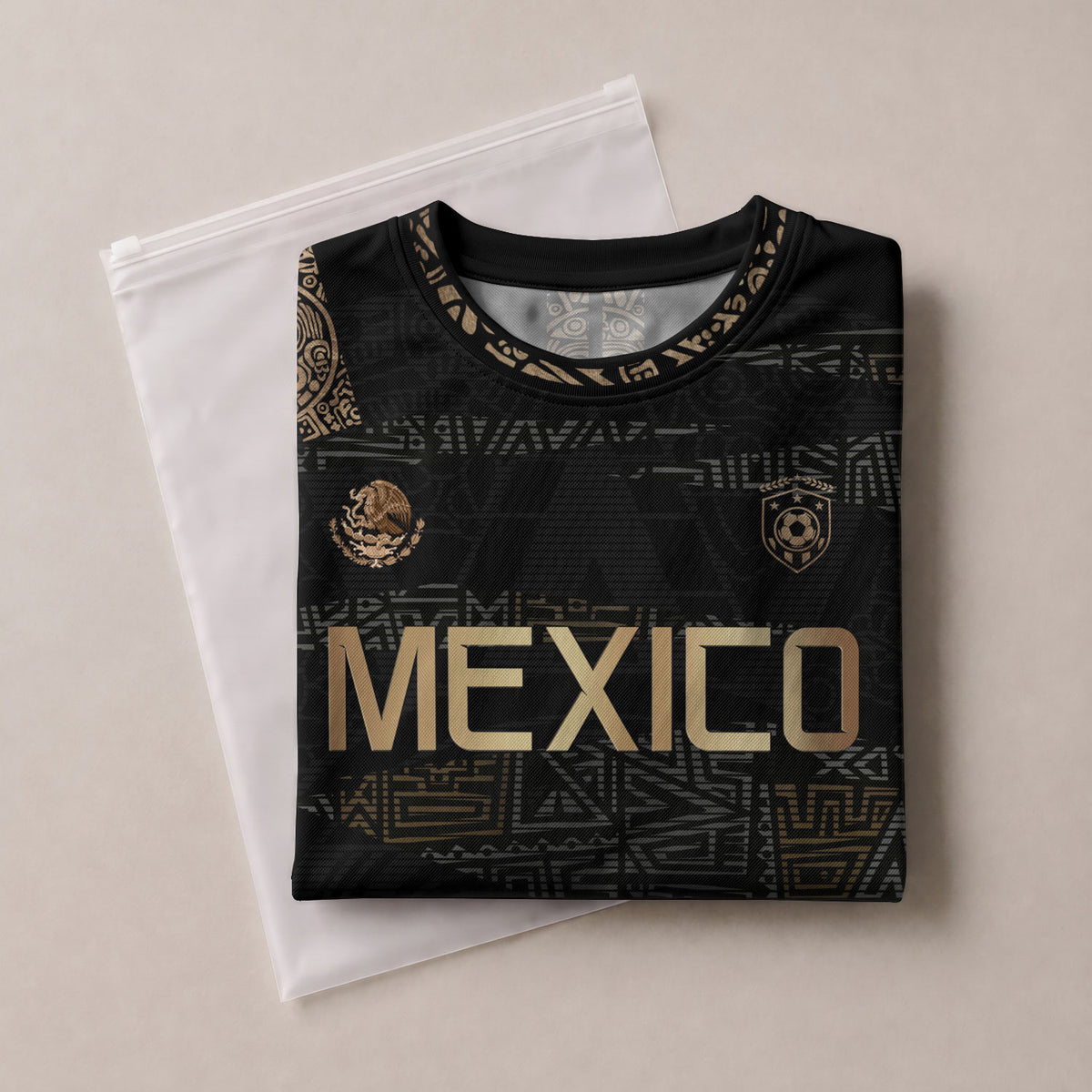 Custom Mexico Soccer Jersey Black Gold Aztec Design