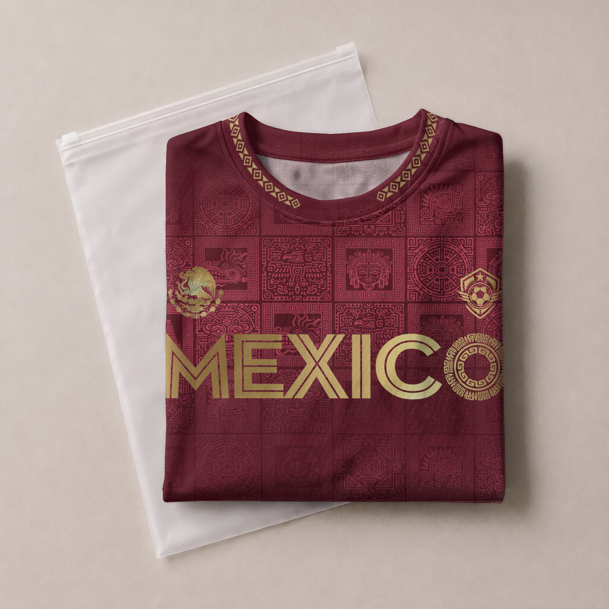 Camiseta de fútbol personalizada del calendario azteca dorado granate de México