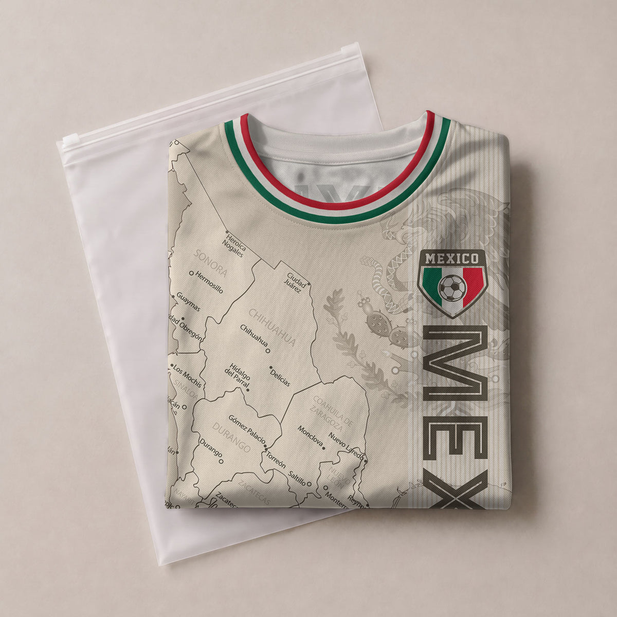 Camiseta de fútbol infantil de México con diseño azteca y mapa beige