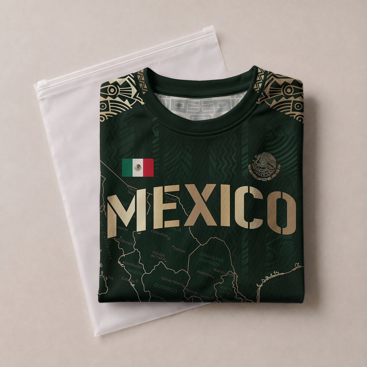 Camiseta de fútbol infantil de México con diseño azteca, color verde y dorado