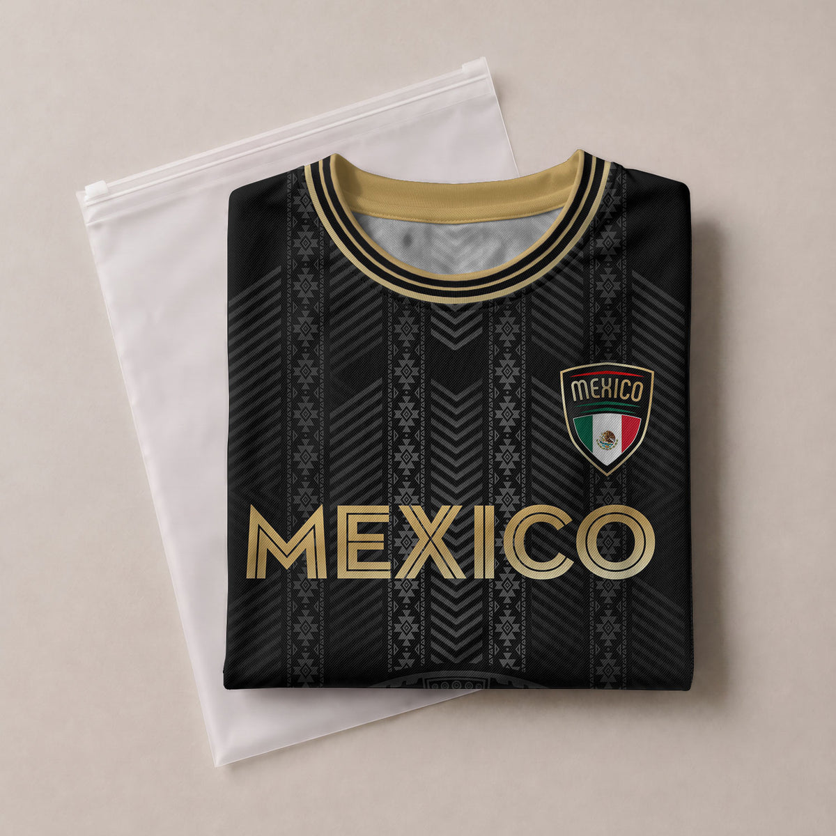 Camiseta de fútbol infantil de México, diseño de calendario azteca, color negro y dorado