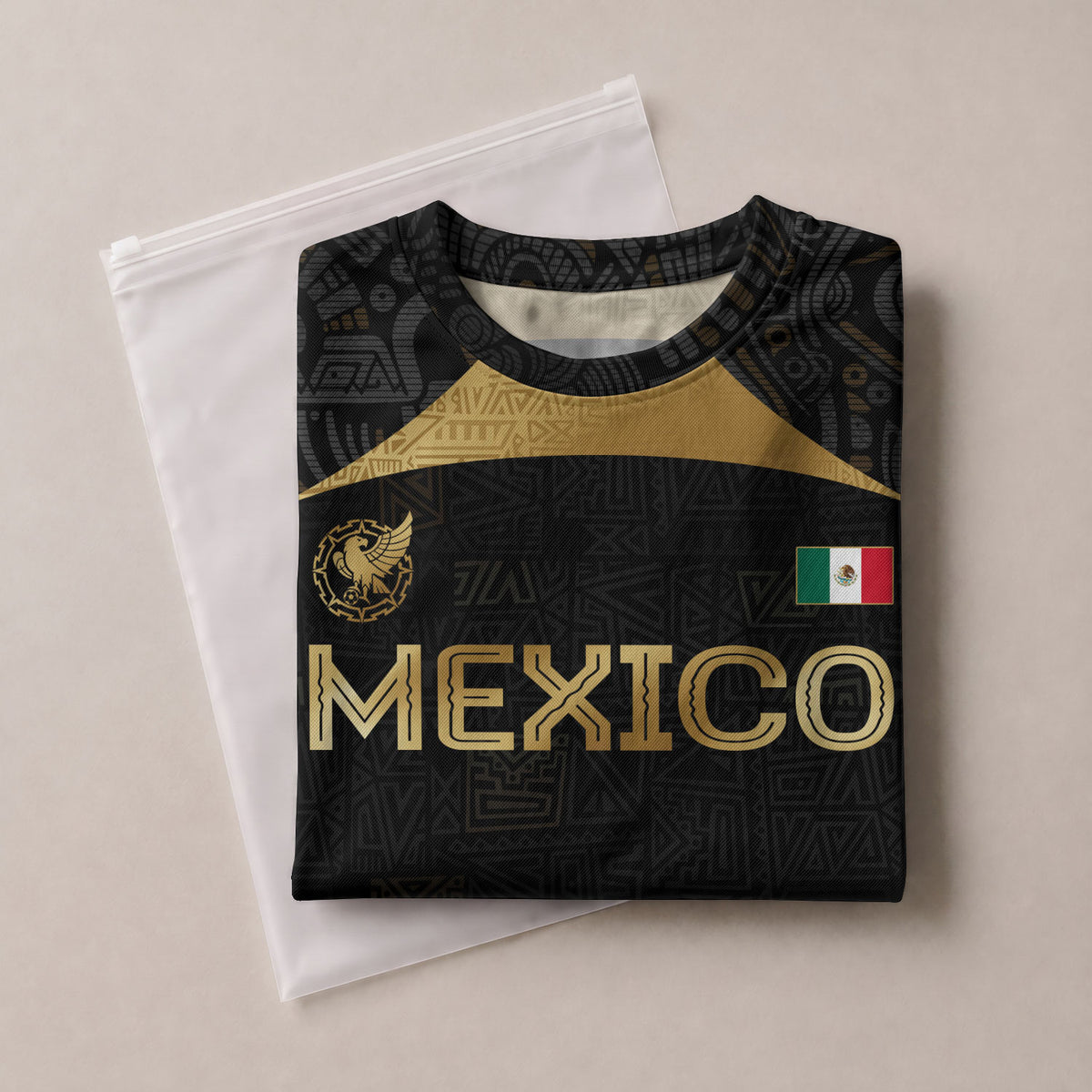 Custom Mexico Black Gold Soccer Jersey with Aztec Warrior Pattern