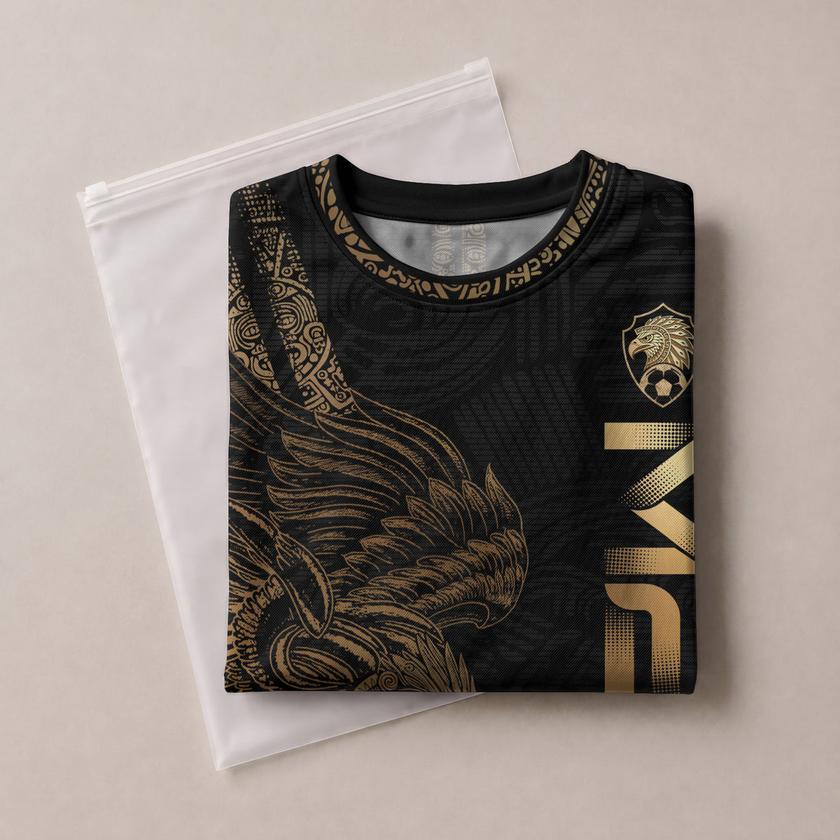 Custom Mexico Black Gold Soccer Jersey with Aztec Eagle Serpent Design