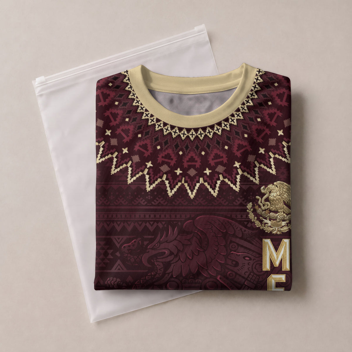 Mexico Heritage Soccer Jersey, Maroon Burgundy Gold Aztec Eagle Design Sports Jersey for Men