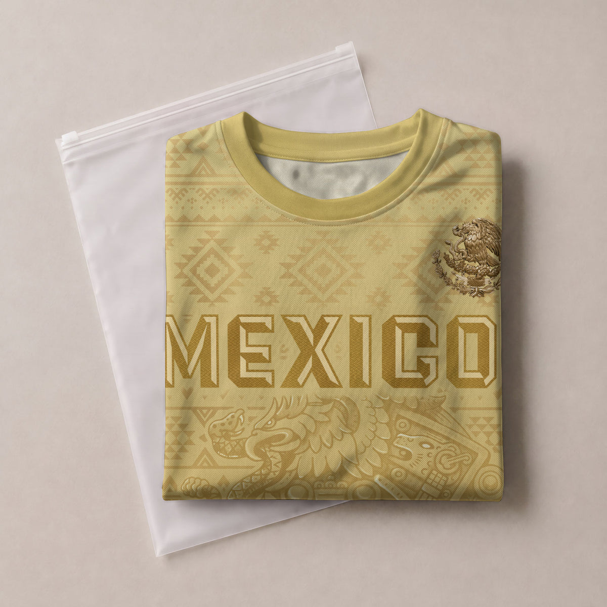 Mexico Heritage Soccer Jersey, Yellow Gold Aztec Calendar Design Sports Jersey for Men