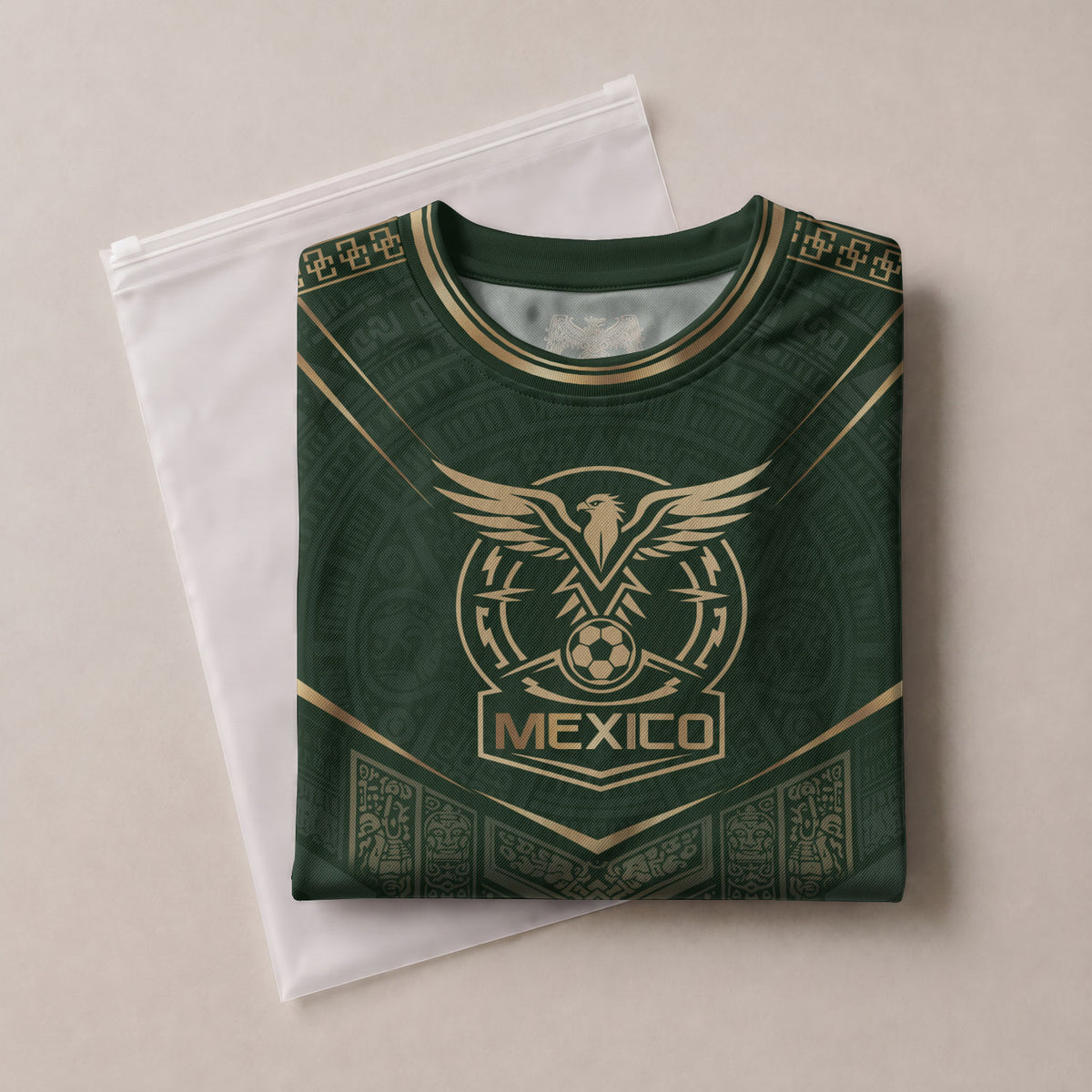 Camiseta de fútbol premium con emblema de águila azteca verde y dorado de México