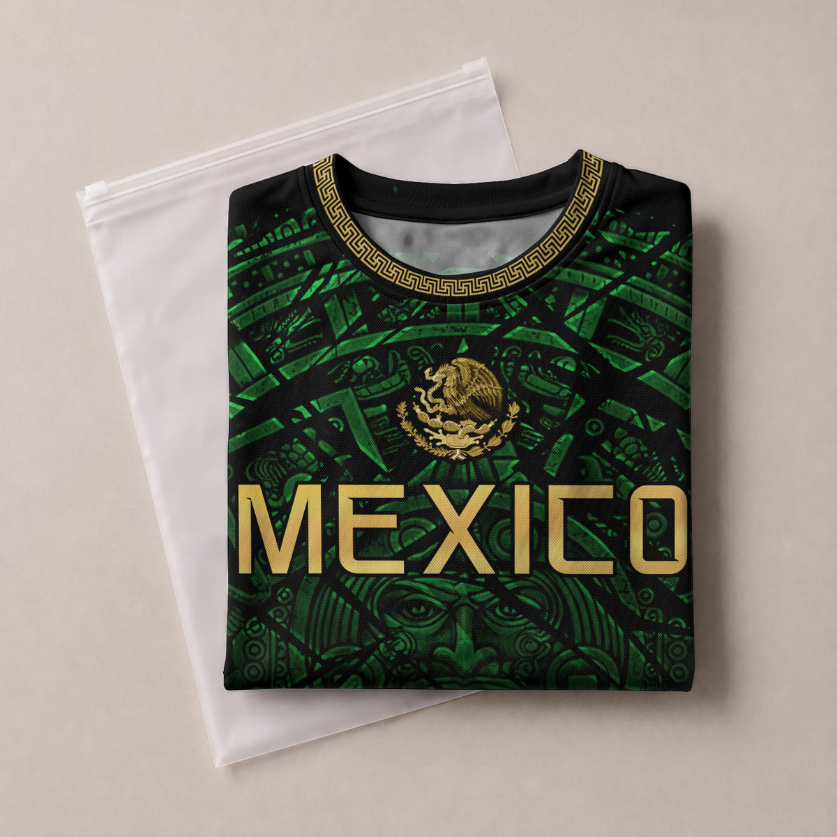Mexico Soccer Jersey Green Black Aztec Sun Stone - Mexico Fan Heritage Style Shirt