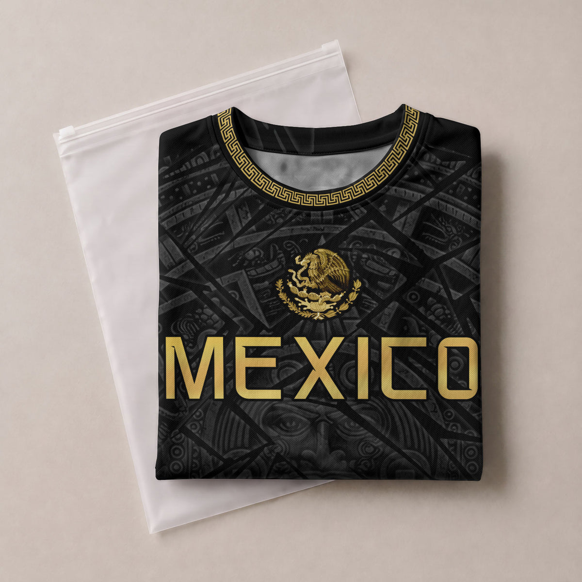Camiseta de fútbol premium con emblema de águila azteca verde y dorado de México