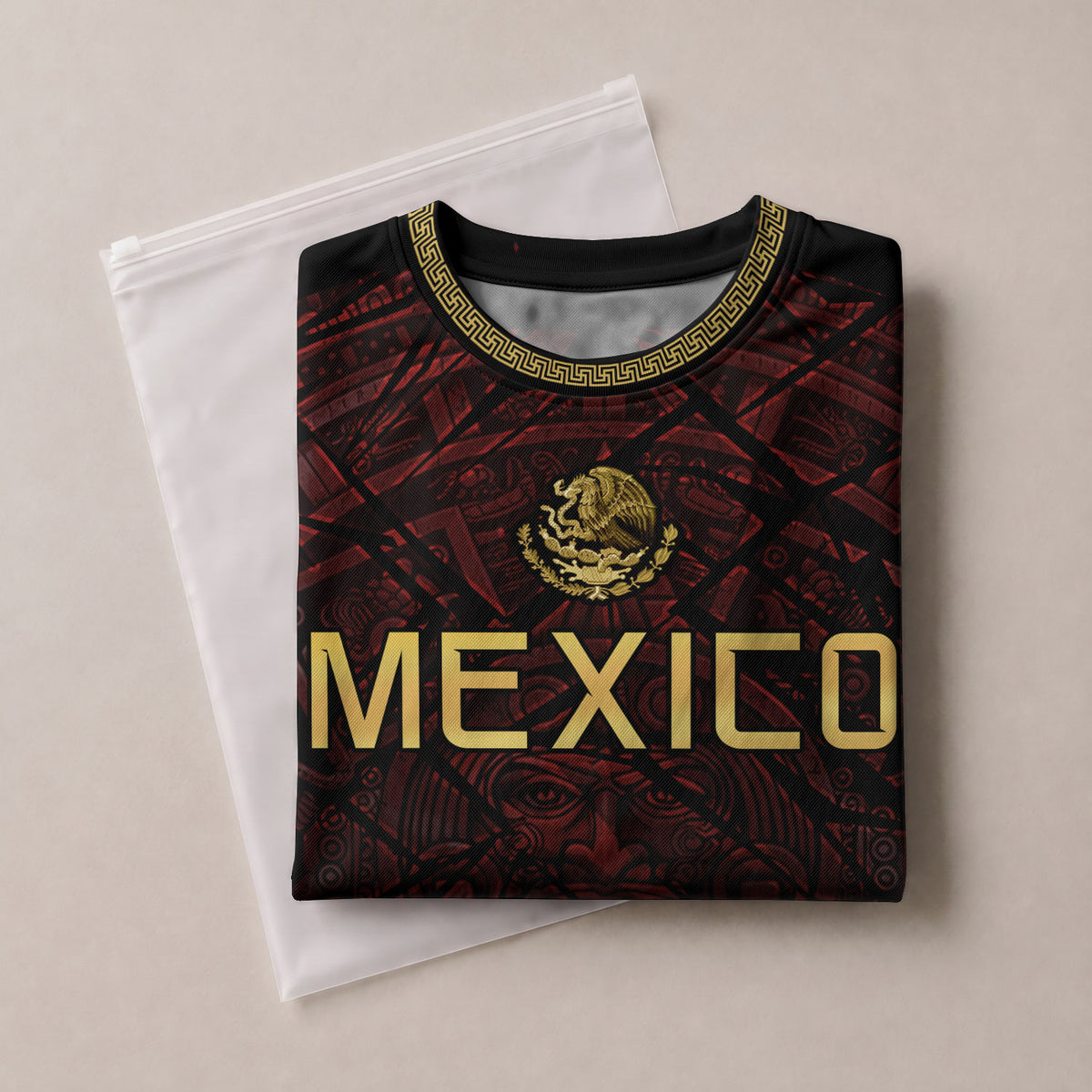 Camiseta de fútbol premium con emblema de águila azteca verde y dorado de México