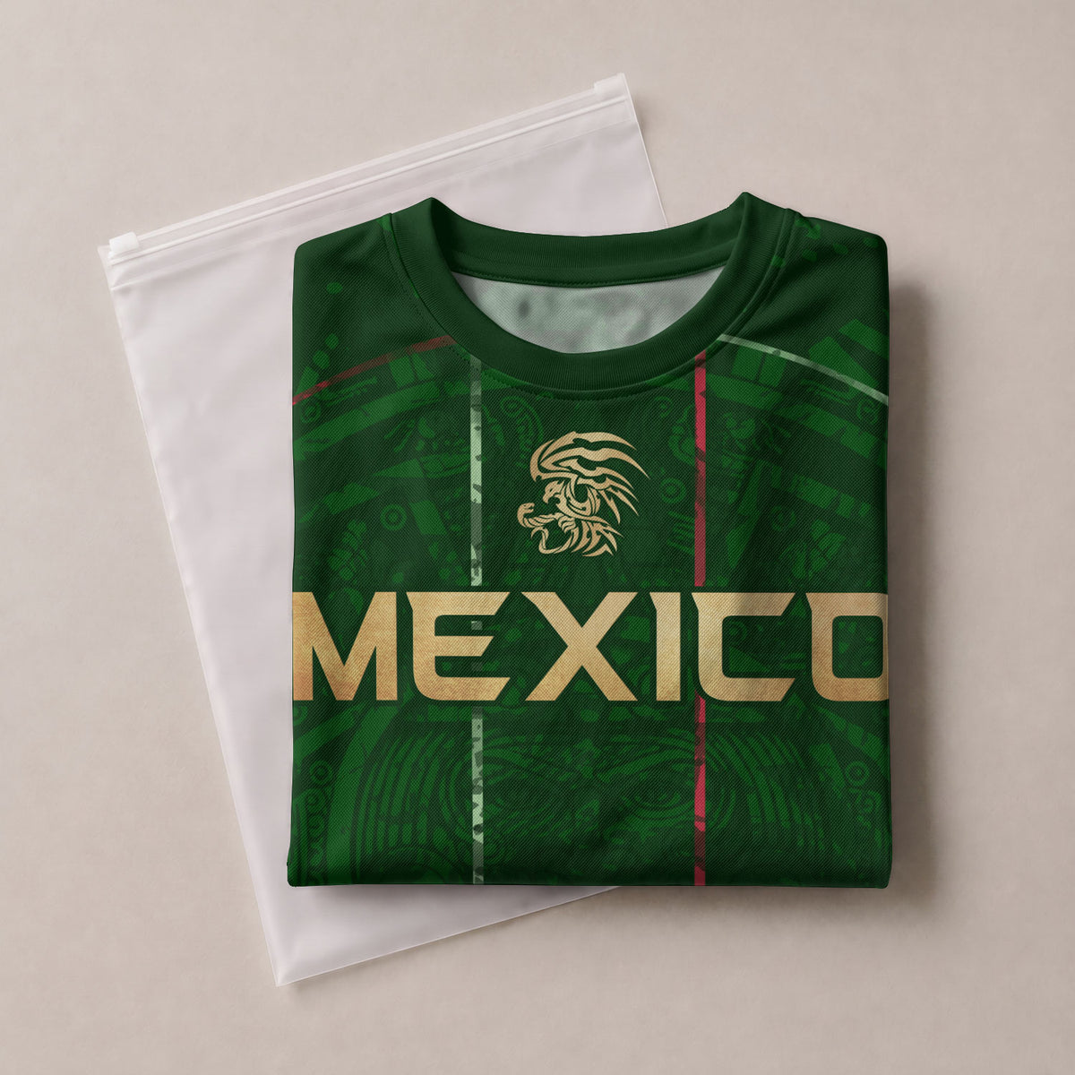 Camiseta de fútbol premium con emblema de águila azteca verde y dorado de México