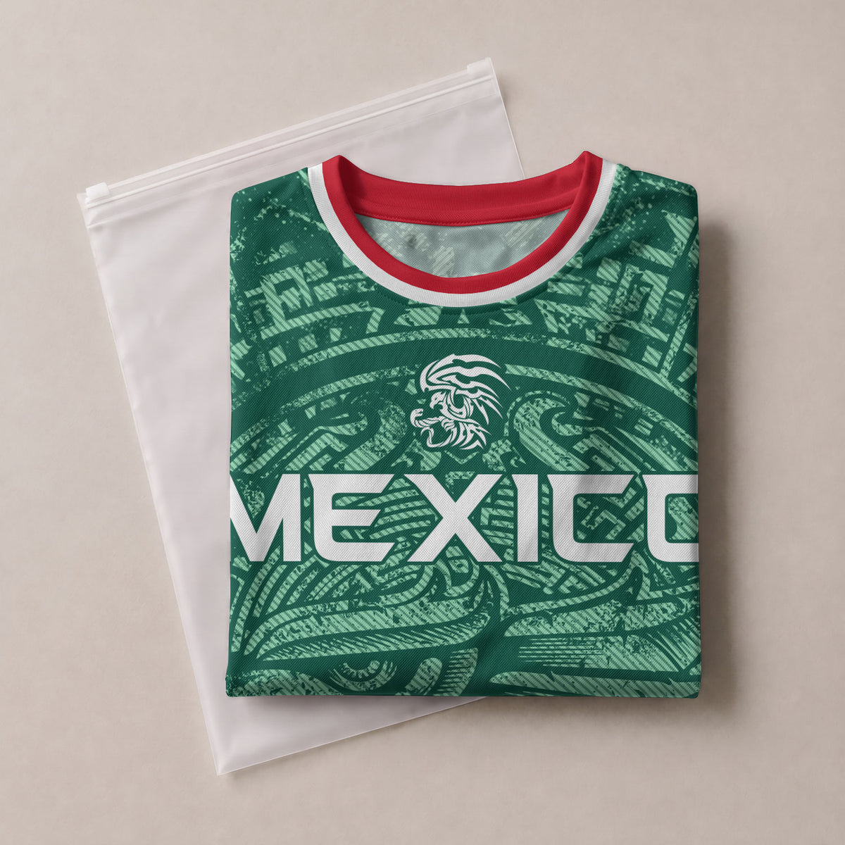 Camiseta de fútbol premium con emblema de águila azteca verde y dorado de México