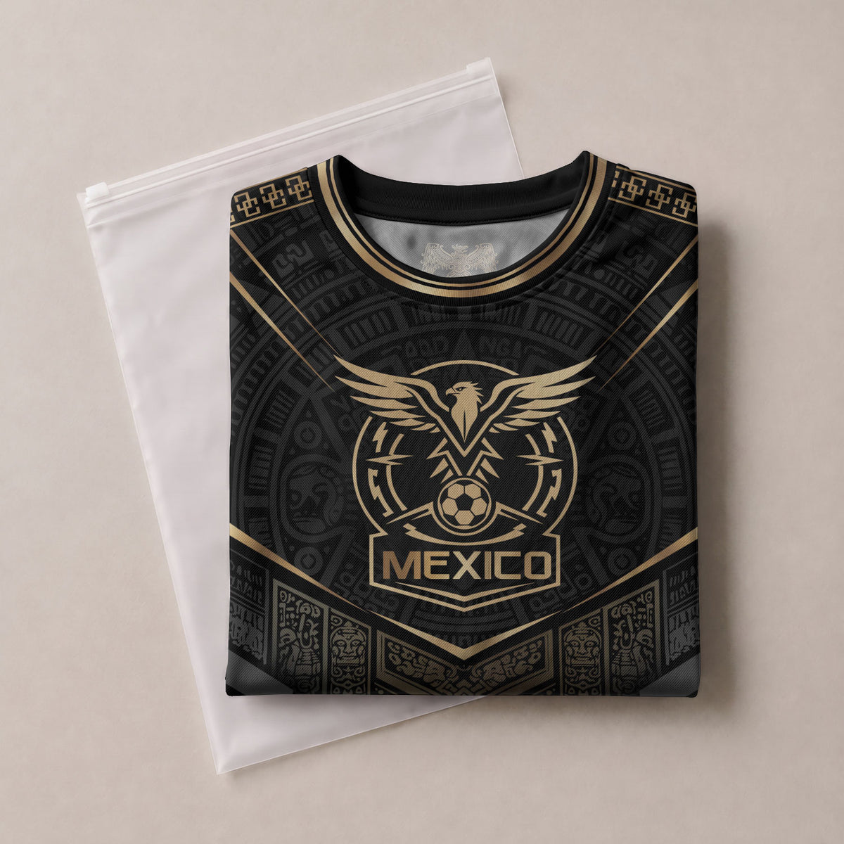 Camiseta de fútbol premium con emblema de águila azteca verde y dorado de México