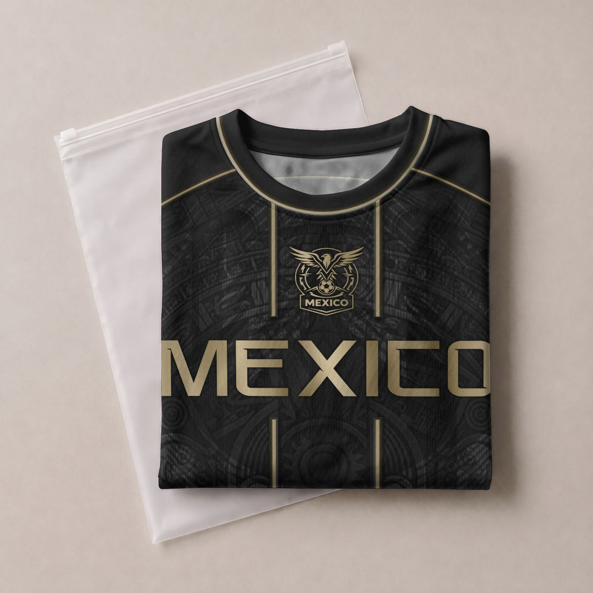 Camiseta de fútbol premium con emblema de águila azteca verde y dorado de México