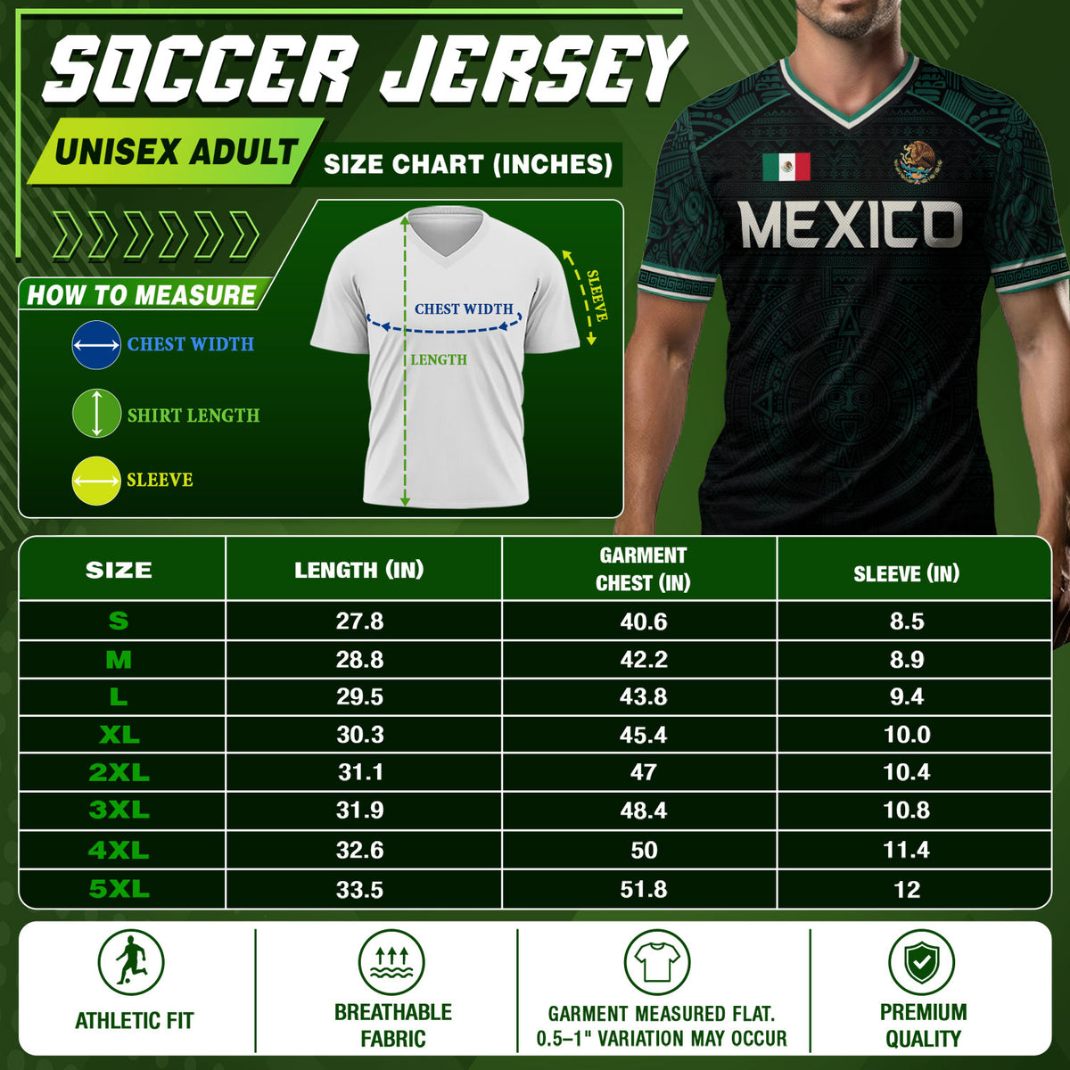 Mexico Soccer Jersey Dark Green V Neck Unisex Shirt Aztec Calendar Graphic Football Top