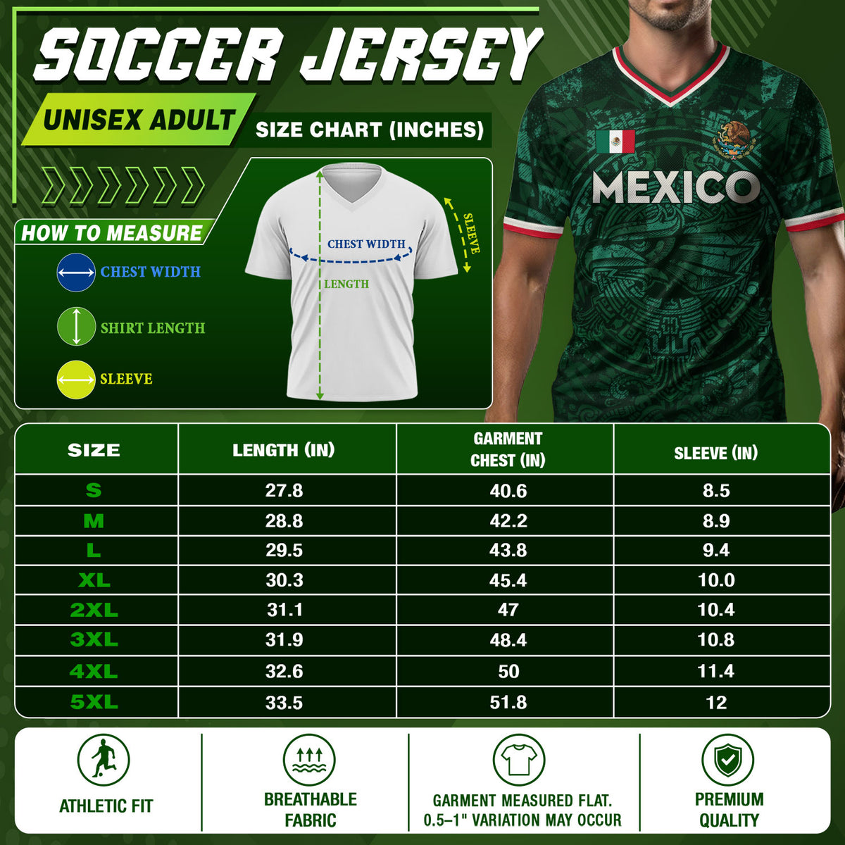 Mexico Soccer Jersey V Neck Unisex Green Shirt Aztec Warrior Eagle Pattern Football Apparel