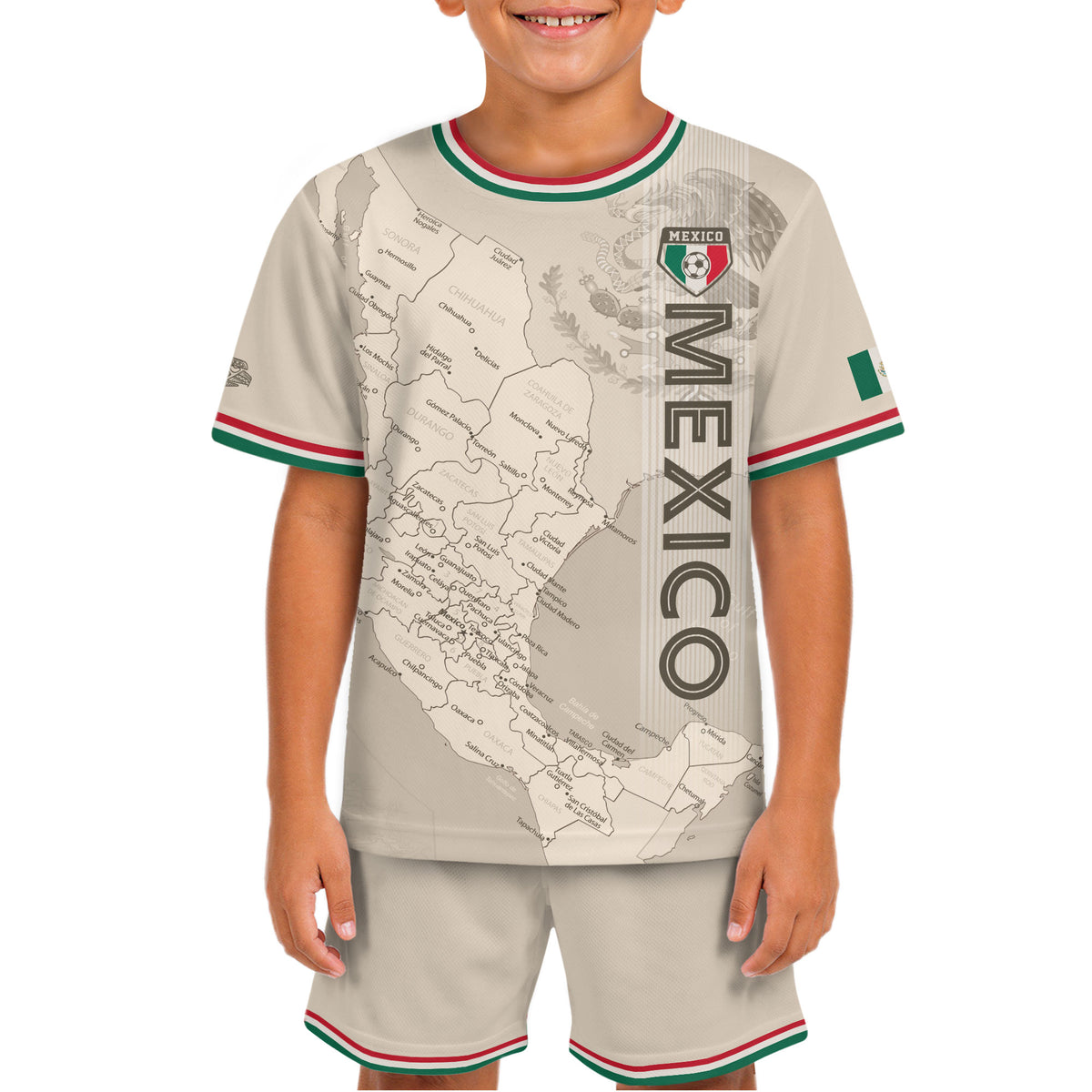 Camiseta de fútbol infantil de México con diseño azteca y mapa beige