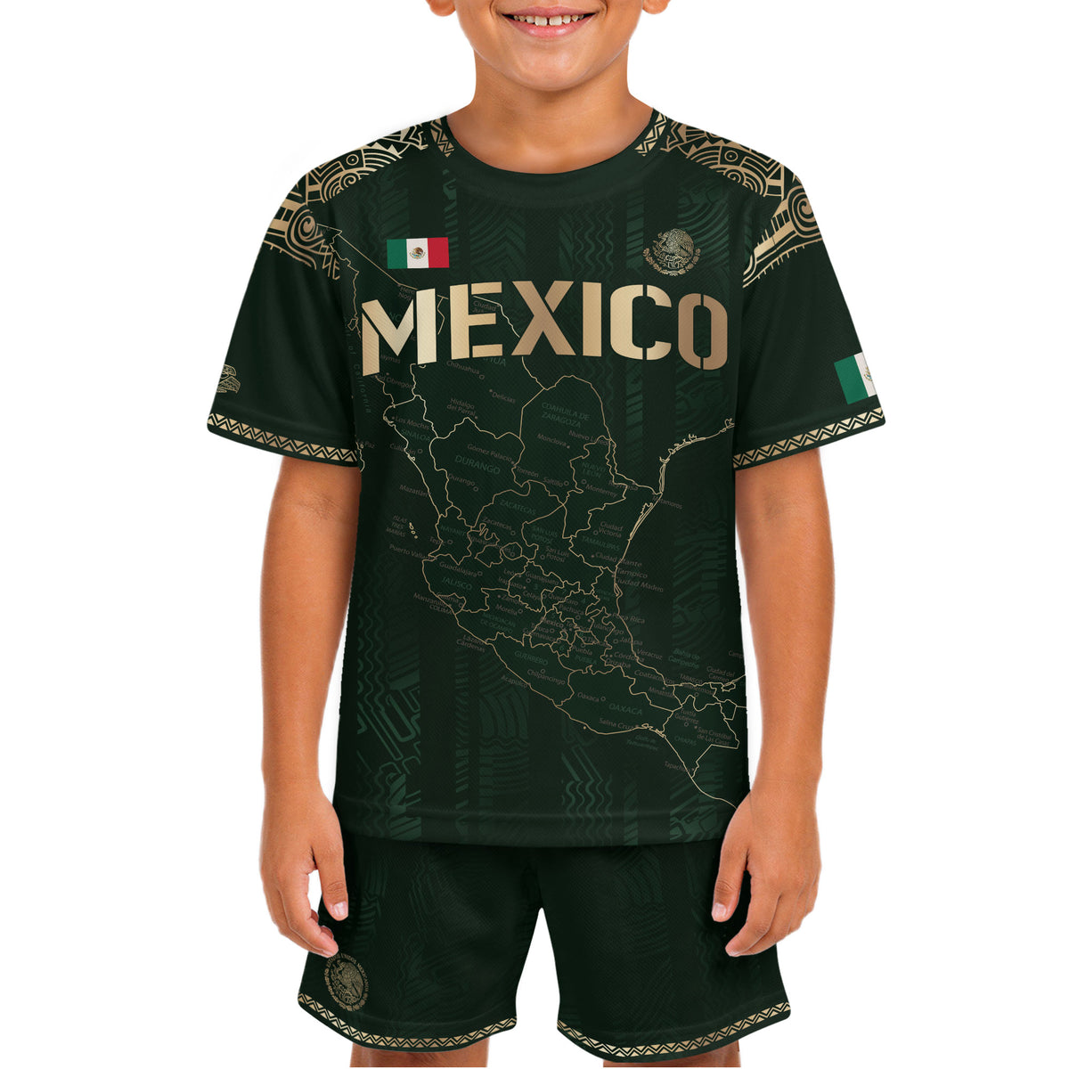 Camiseta de fútbol infantil de México con diseño azteca, color verde y dorado