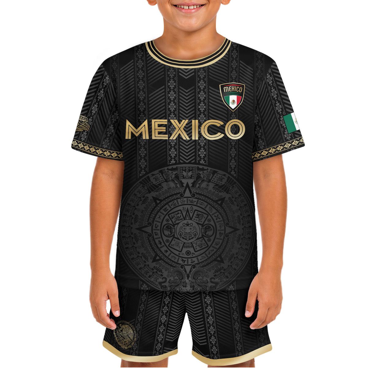 Camiseta de fútbol infantil de México, diseño de calendario azteca, color negro y dorado
