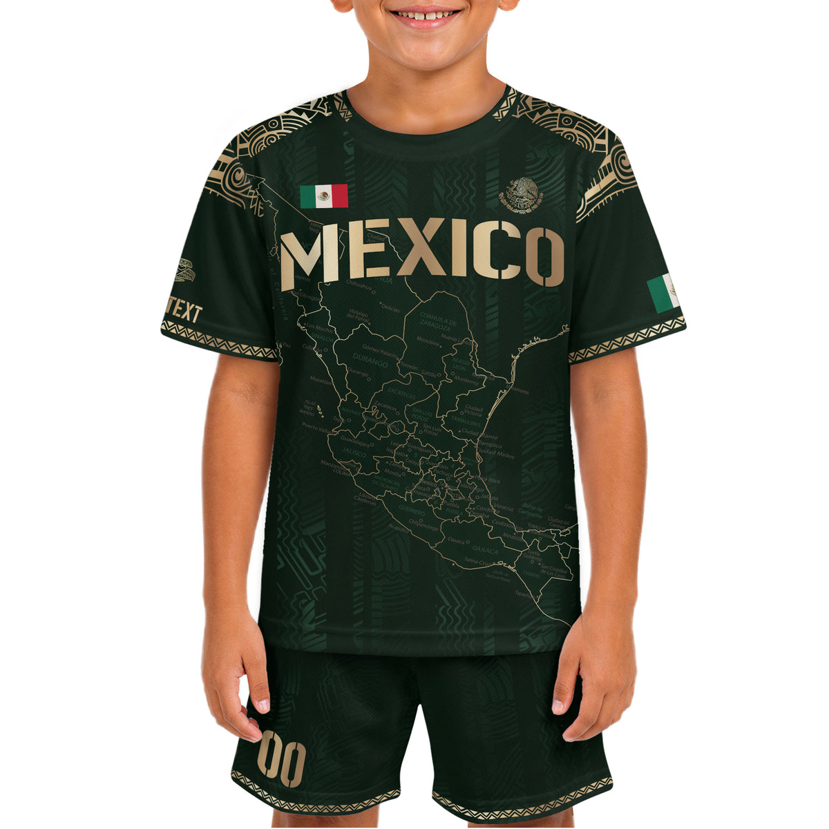 Camiseta de fútbol personalizada de México para niños, diseño de mapa patrimonial verde y dorado