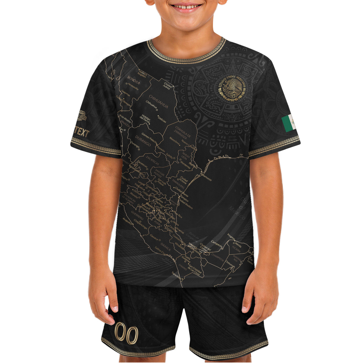 Camiseta de fútbol personalizada de México para niños, diseño de mapa patrimonial en negro y dorado