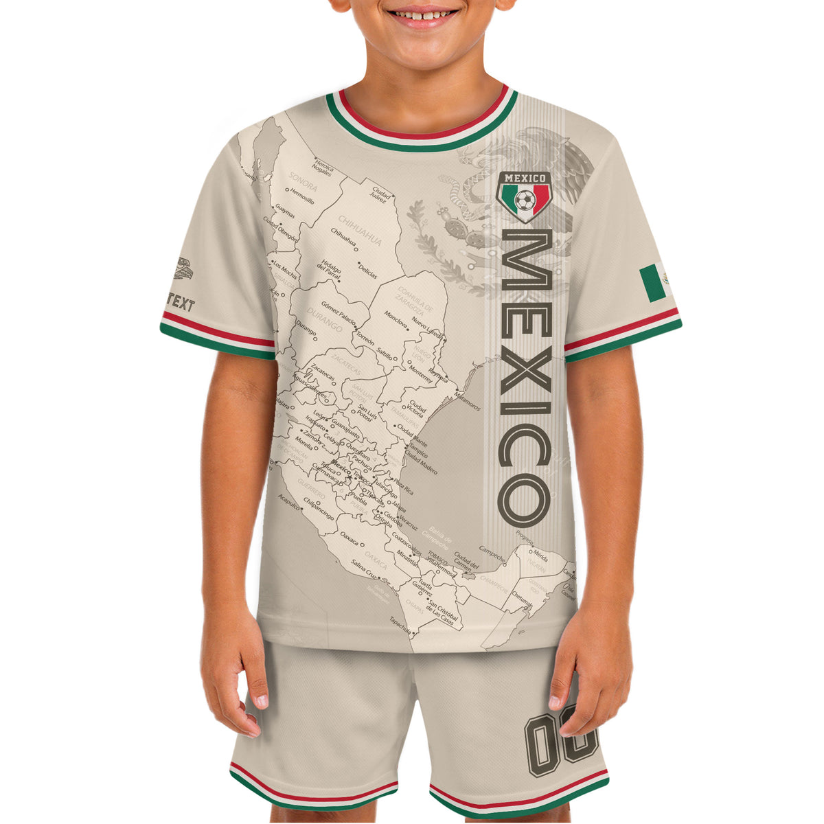 Camiseta de fútbol infantil de México personalizada con diseño de mapa patrimonial beige