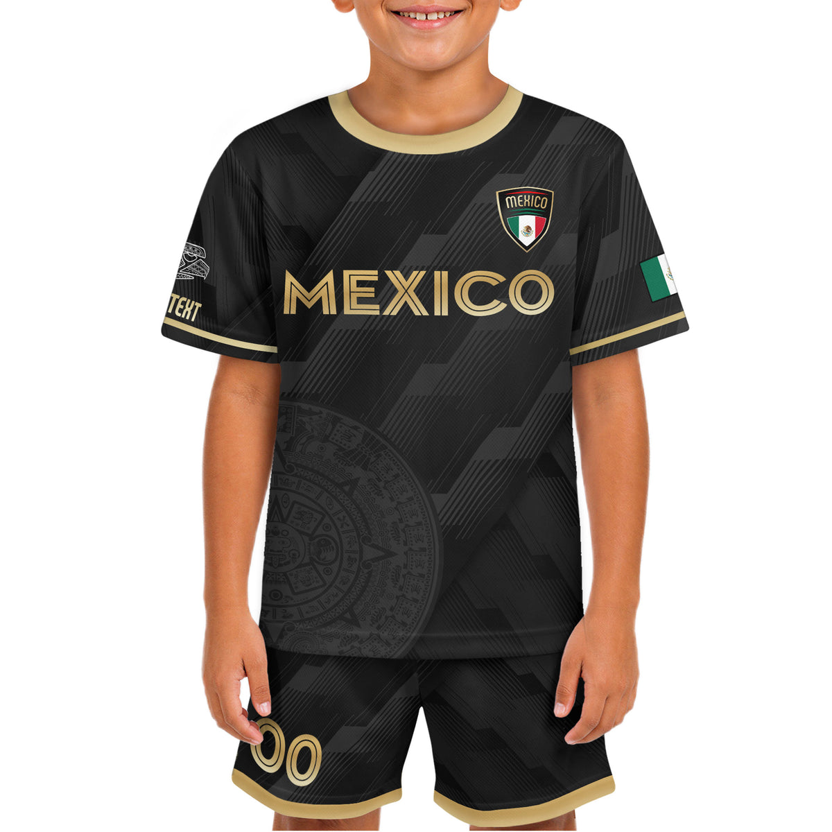 Camiseta de fútbol personalizada de México para niños, diseño clásico negro y dorado