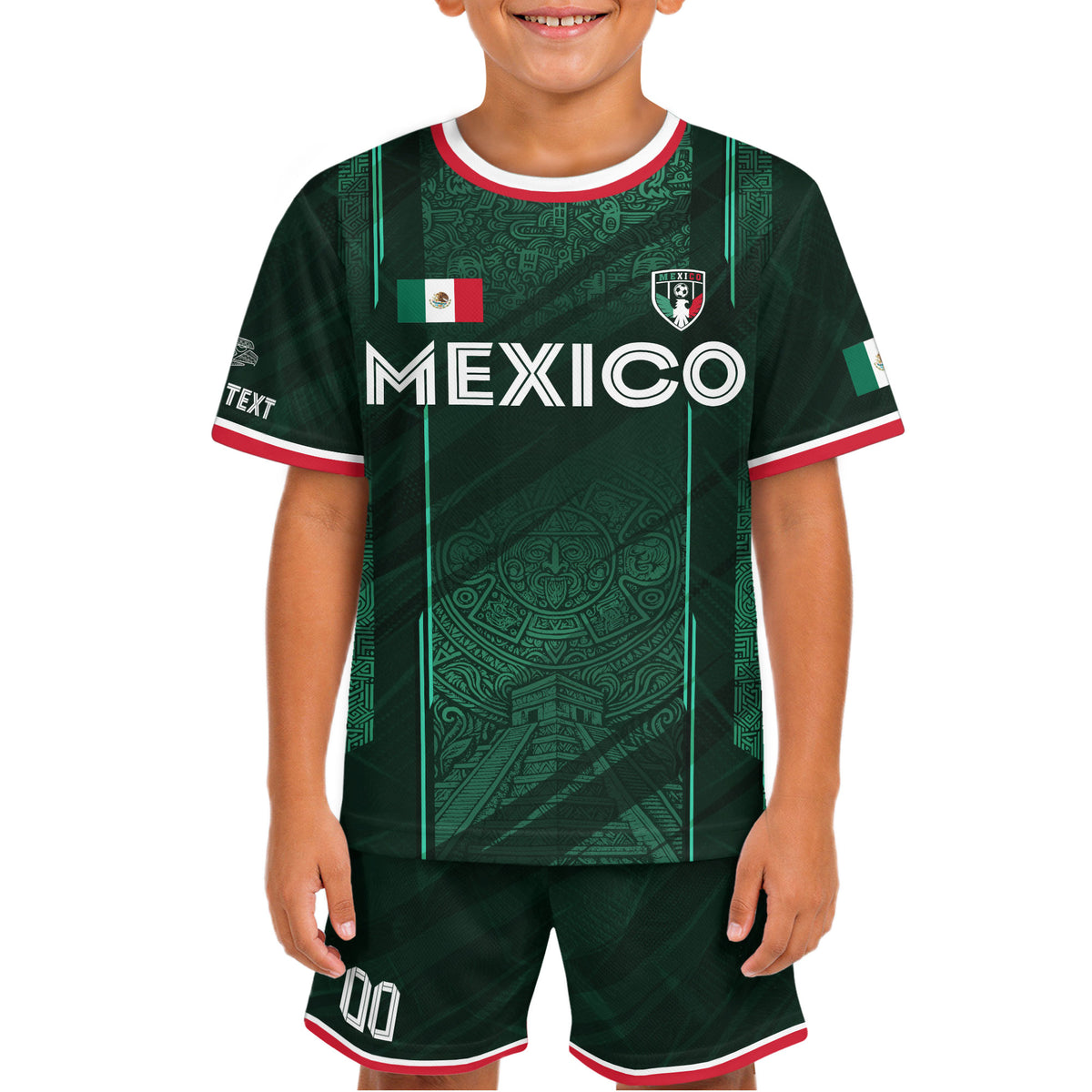 Camiseta de fútbol de México para niños personalizada, diseño de calendario azteca verde