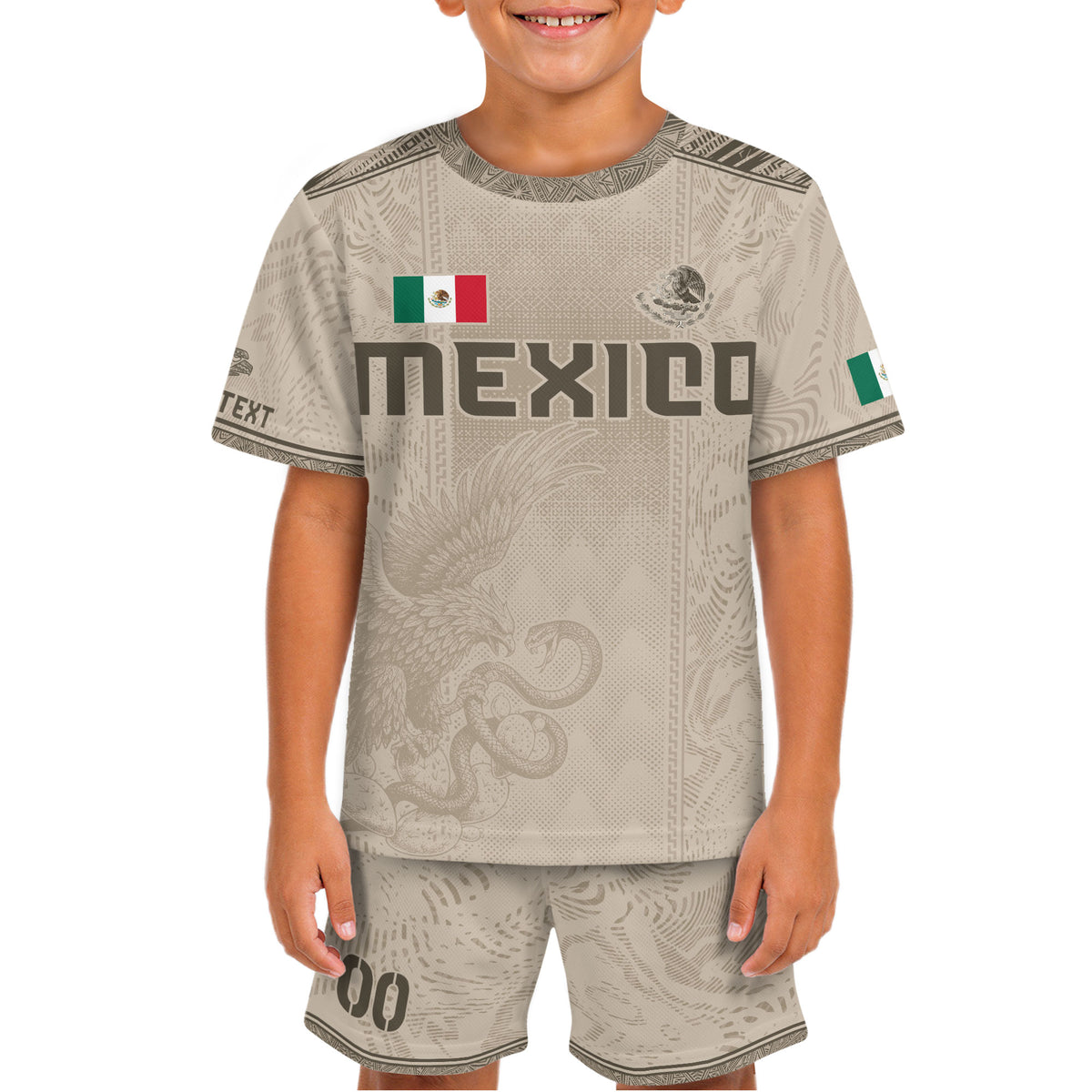 Camiseta de fútbol de México para niños personalizada con diseño de águila azteca beige