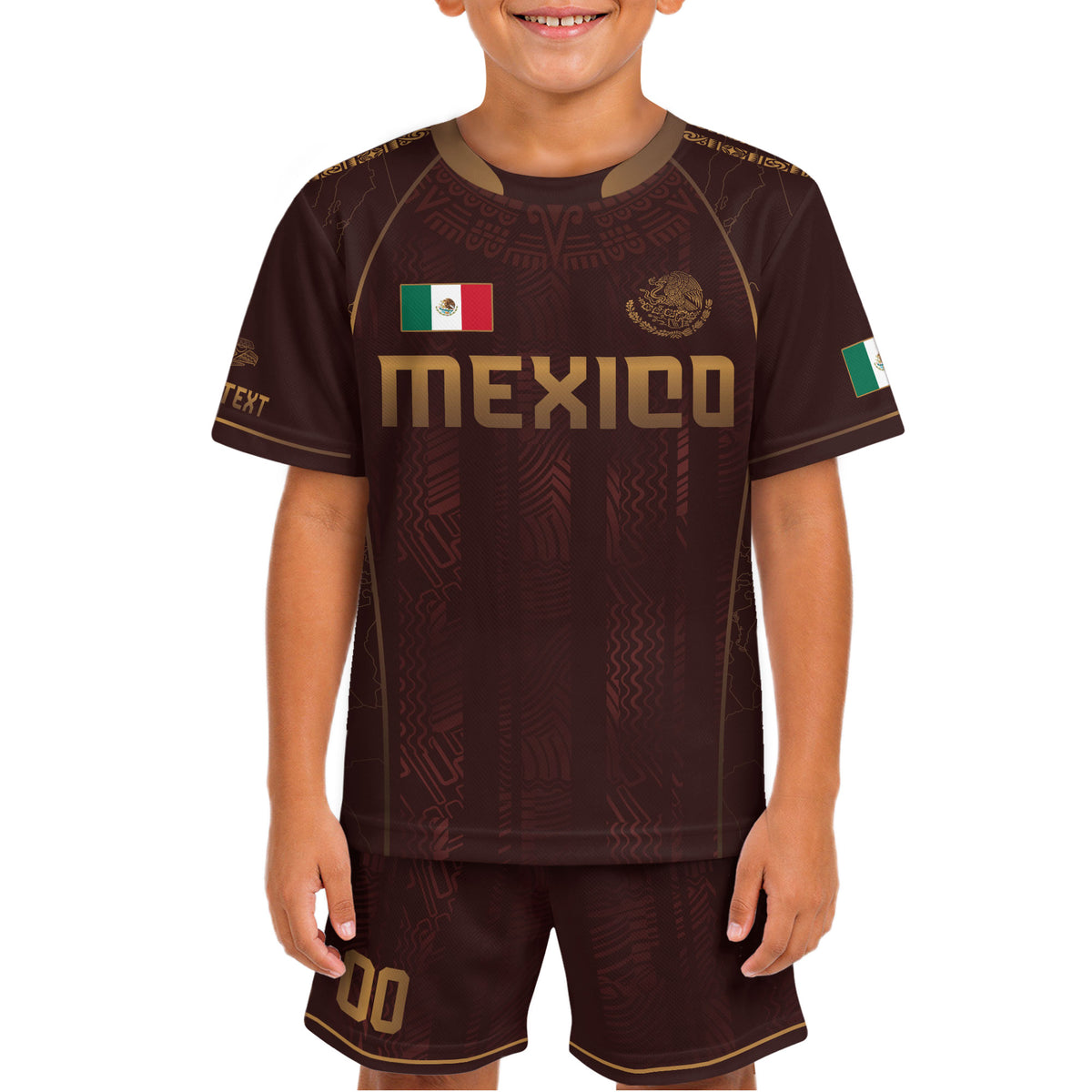 Camiseta de fútbol de México para niños personalizada, diseño de herencia azteca granate