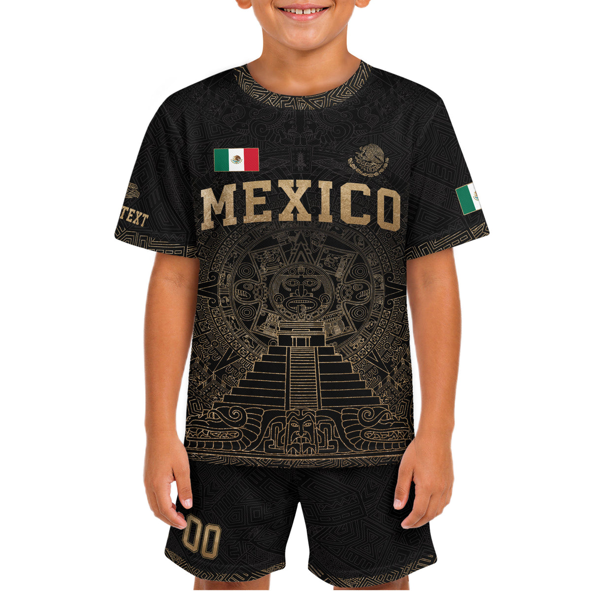 Camiseta de fútbol de México para niños personalizada, diseño de templo azteca negro y dorado