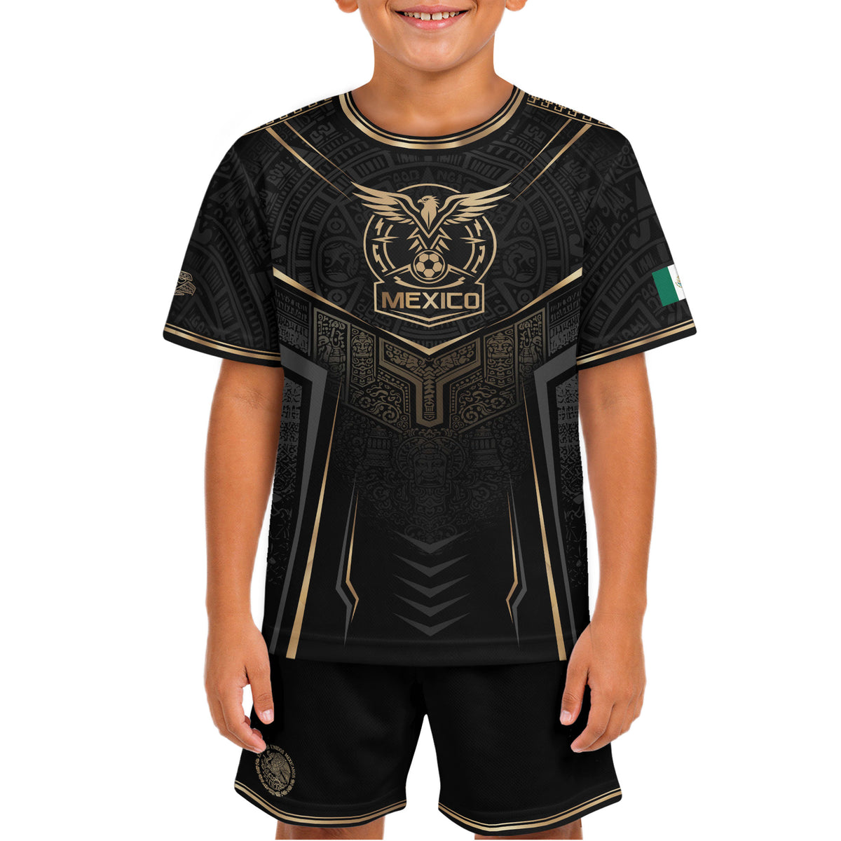Camiseta de fútbol juvenil con estampado vertical del Águila Dorada Negra de México