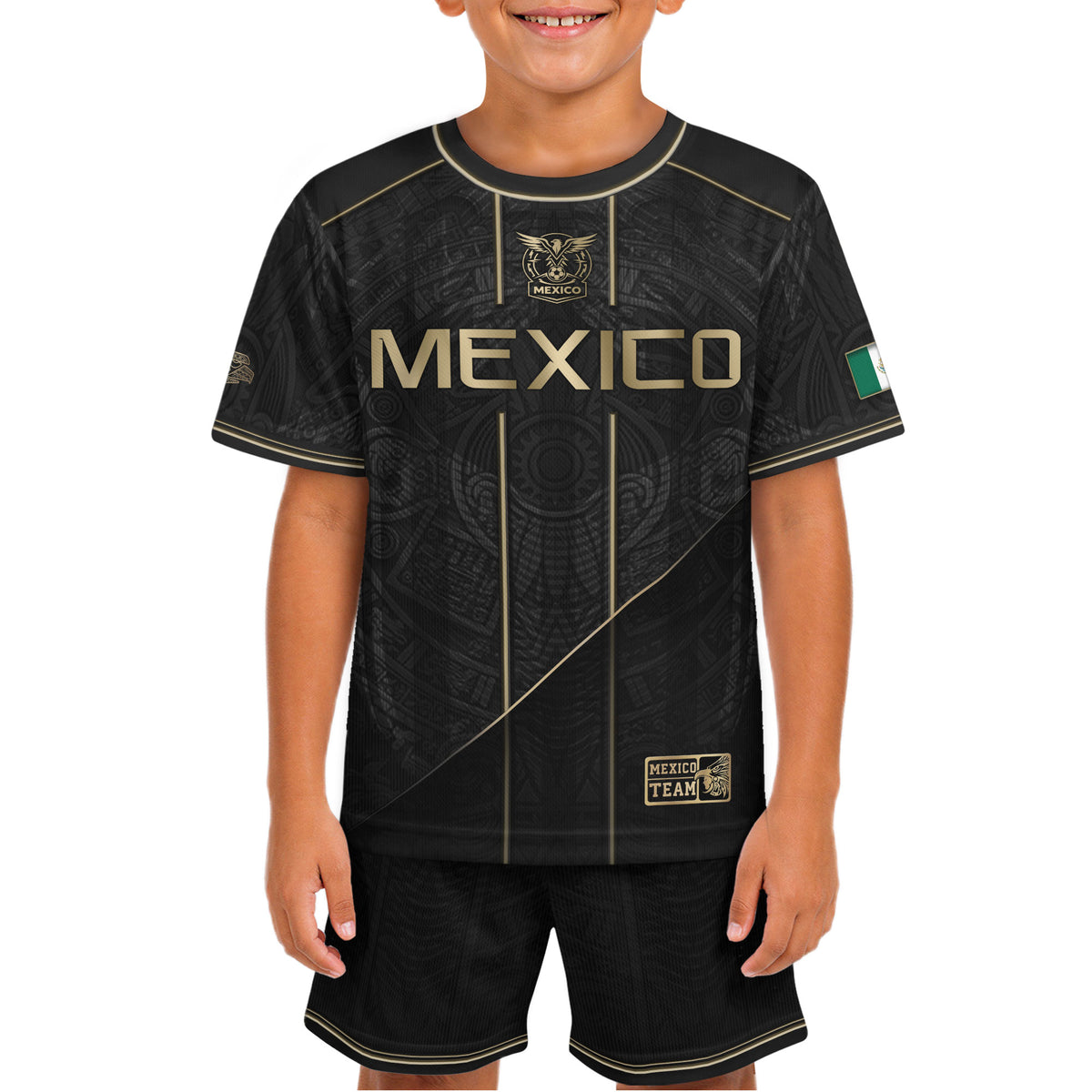 Mexico Youth Football Kit Black Gold Aztec Design Kids Soccer Uniform Elite Sportswear Top