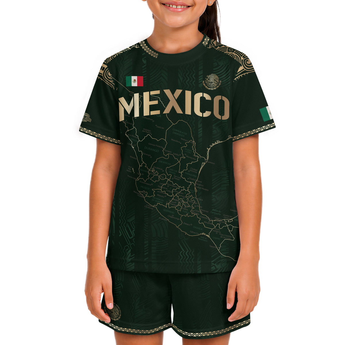 Camiseta de fútbol infantil de México con diseño azteca, color verde y dorado