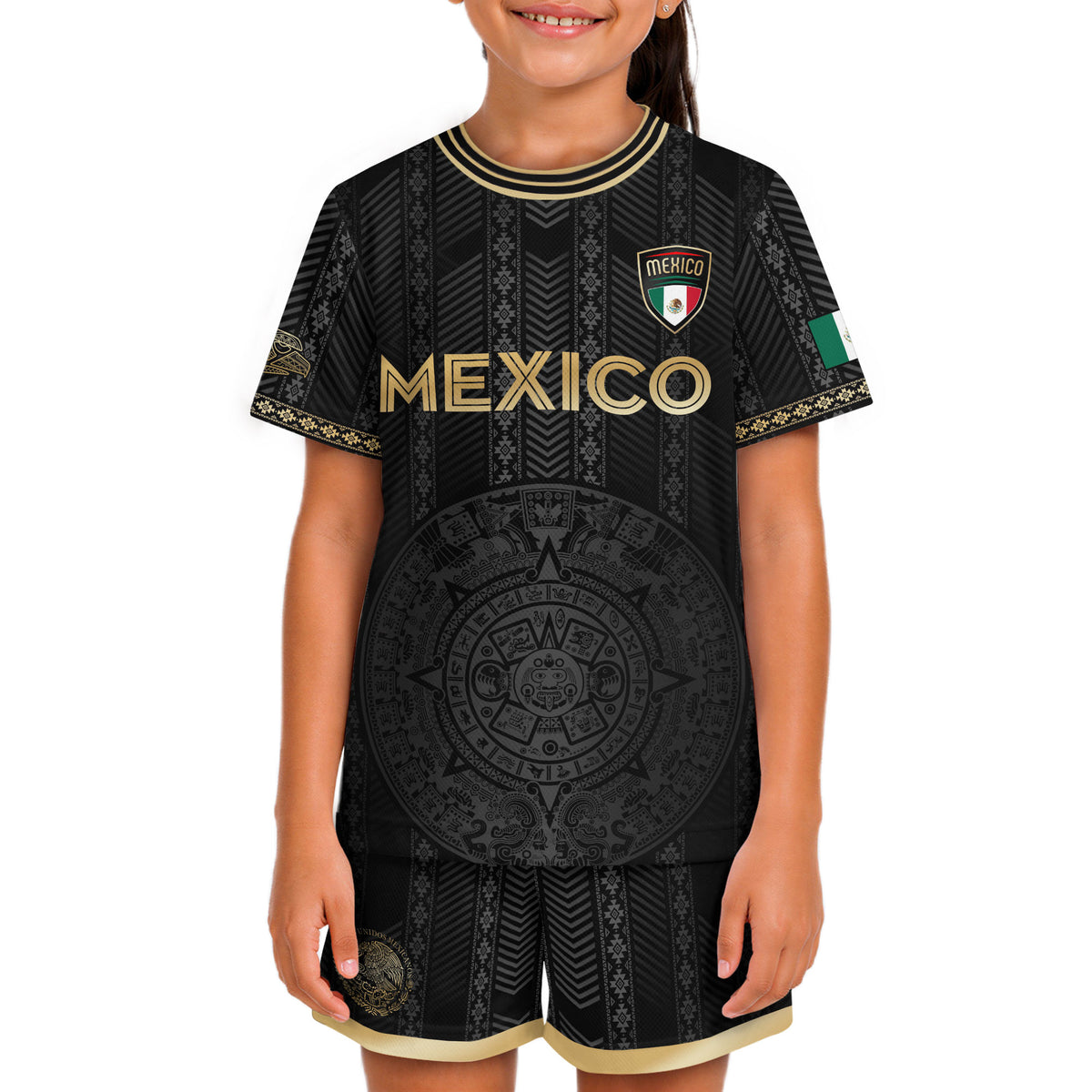 Camiseta de fútbol infantil de México, diseño de calendario azteca, color negro y dorado