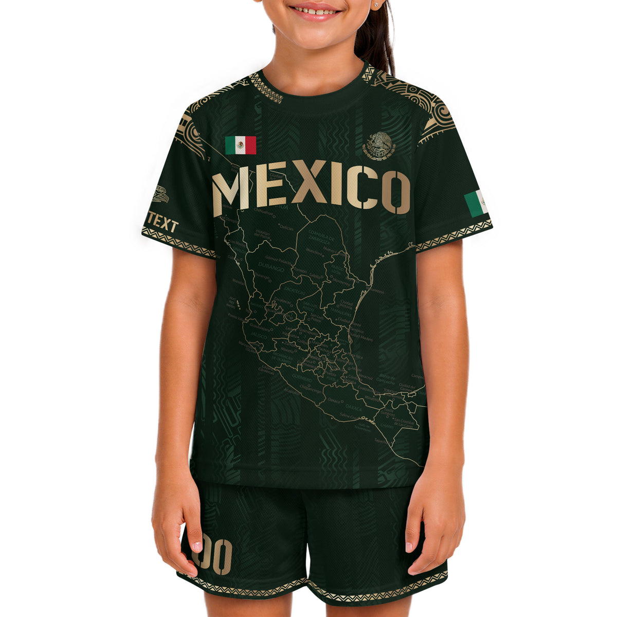 Camiseta de fútbol personalizada de México para niños, diseño de mapa patrimonial verde y dorado