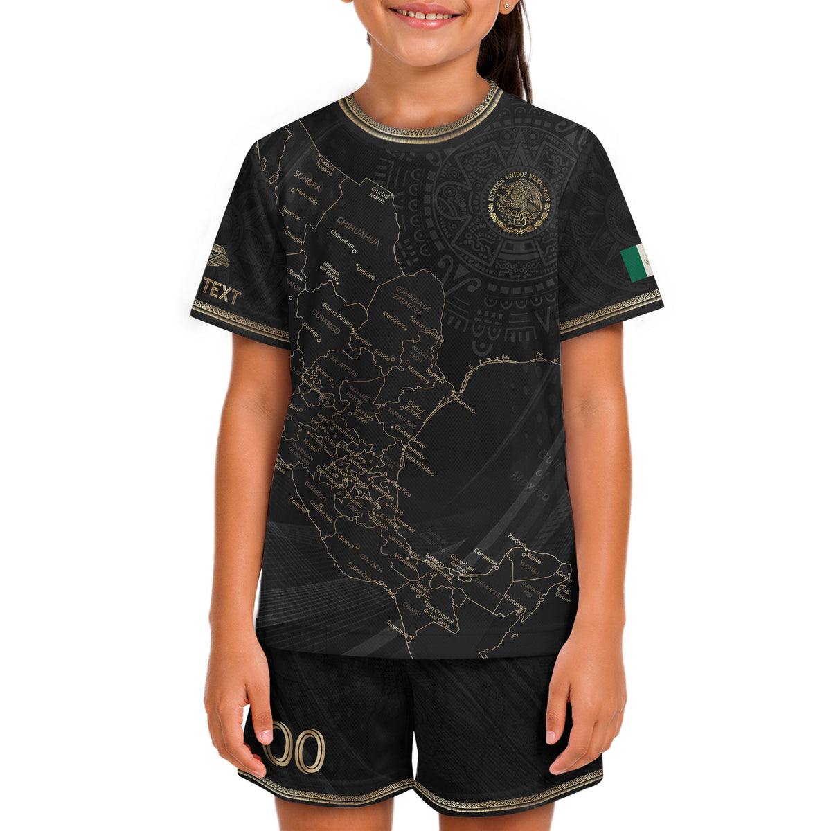 Camiseta de fútbol personalizada de México para niños, diseño de mapa patrimonial en negro y dorado