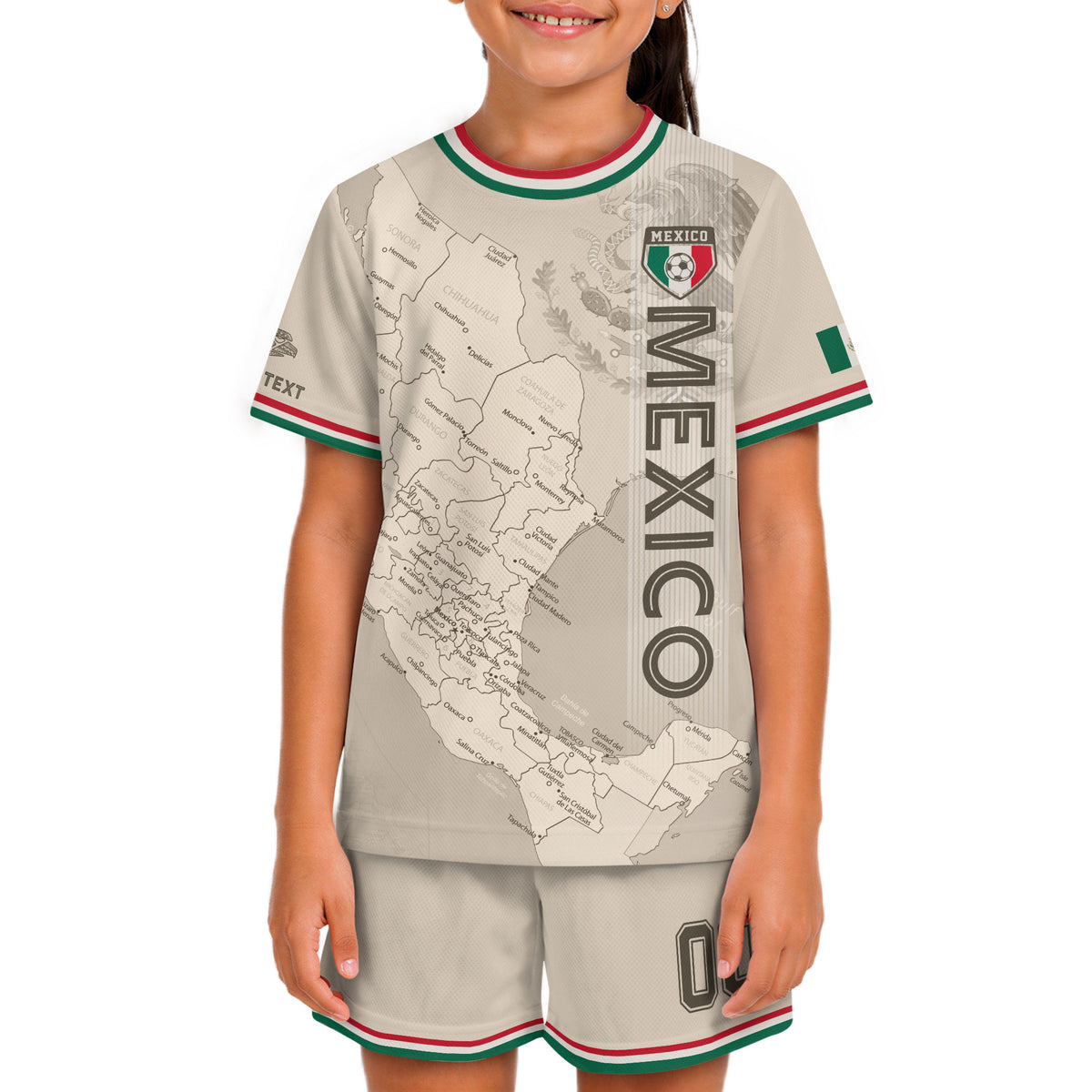 Camiseta de fútbol infantil de México personalizada con diseño de mapa patrimonial beige