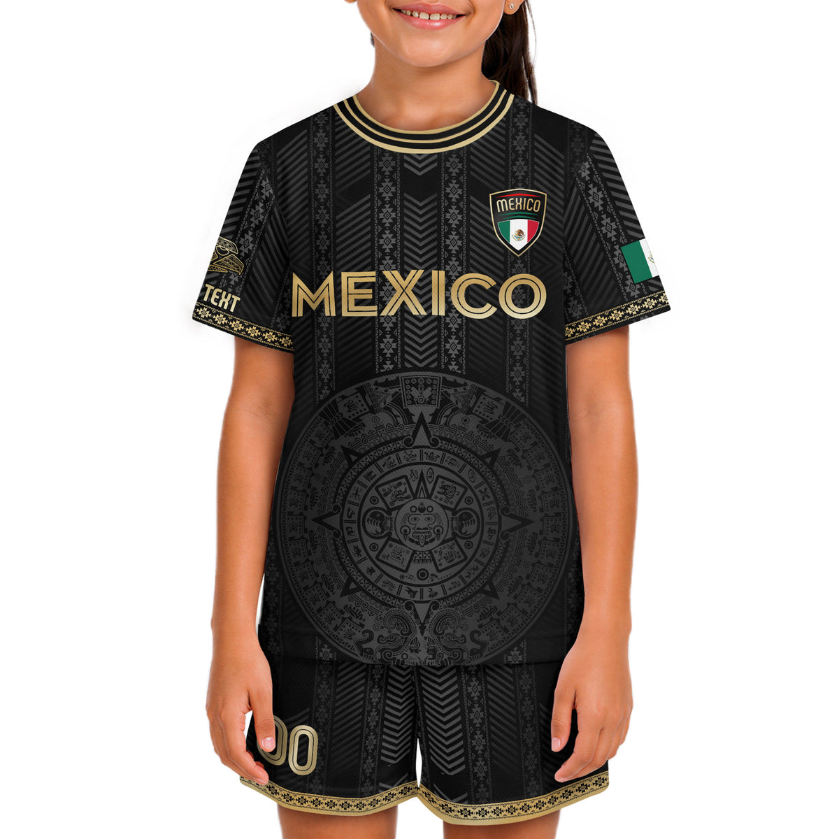 Custom Mexico Kids Soccer Jersey Black Gold Aztec Calendar Design