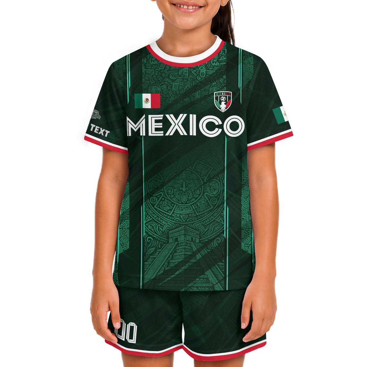 Camiseta de fútbol de México para niños personalizada, diseño de calendario azteca verde
