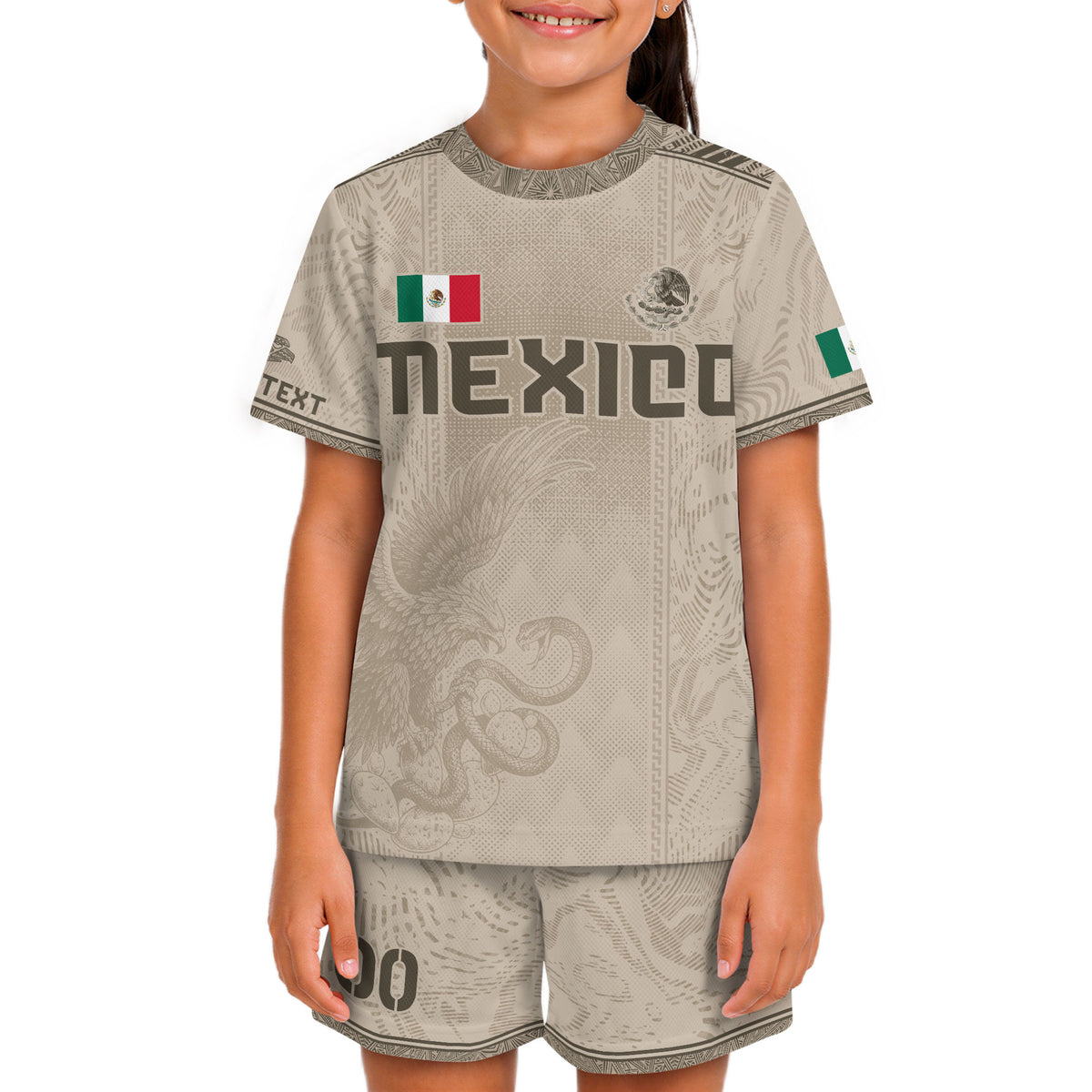 Camiseta de fútbol de México para niños personalizada con diseño de águila azteca beige