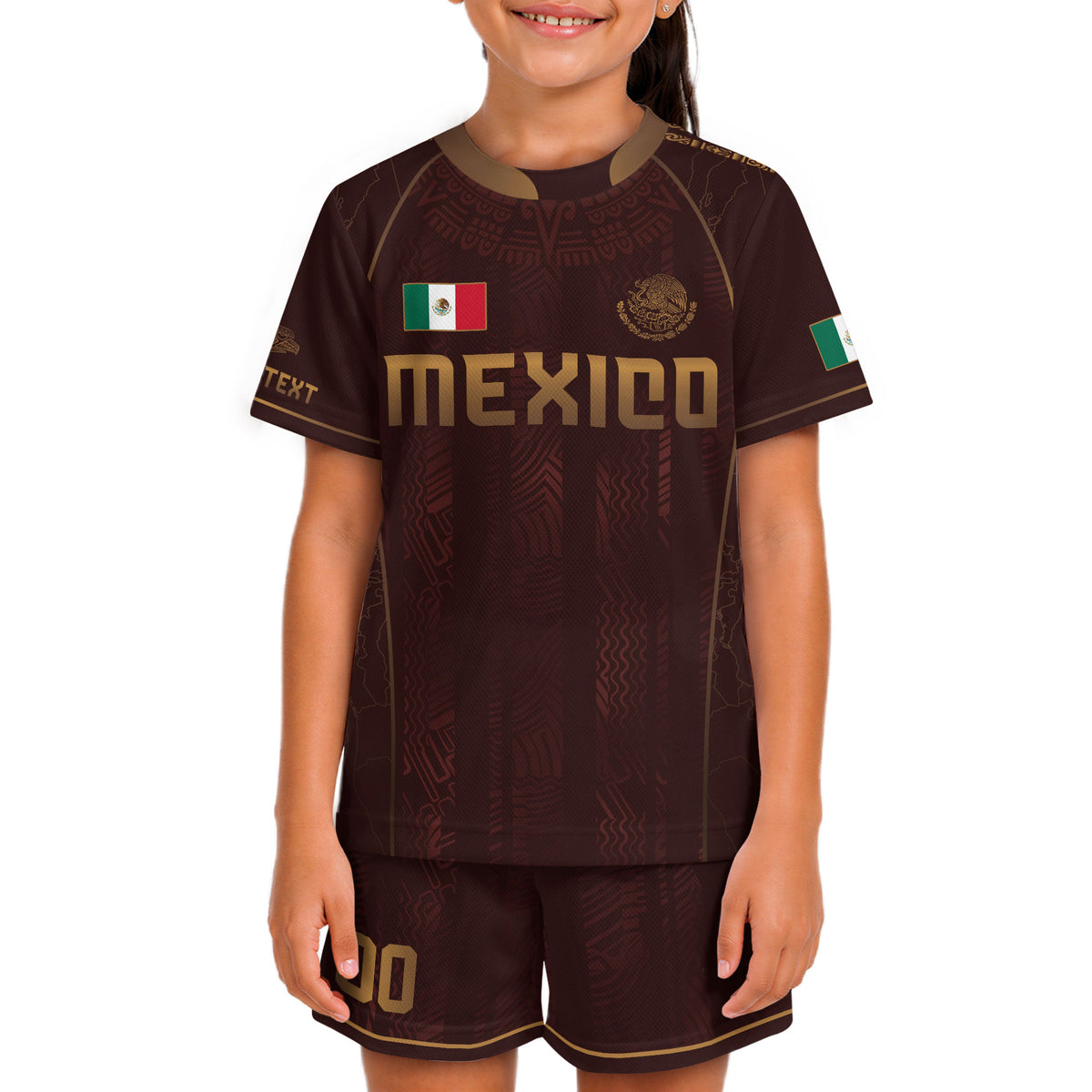 Camiseta de fútbol de México para niños personalizada, diseño de herencia azteca granate