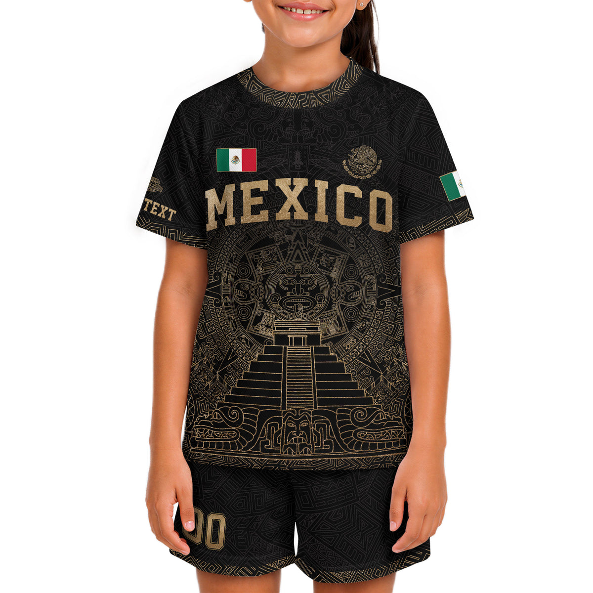 Camiseta de fútbol de México para niños personalizada, diseño de templo azteca negro y dorado