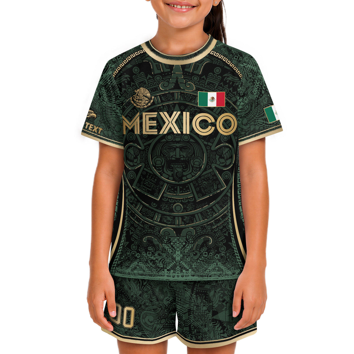 Camiseta de fútbol de México para niños personalizada, diseño de calendario azteca, verde oscuro y dorado