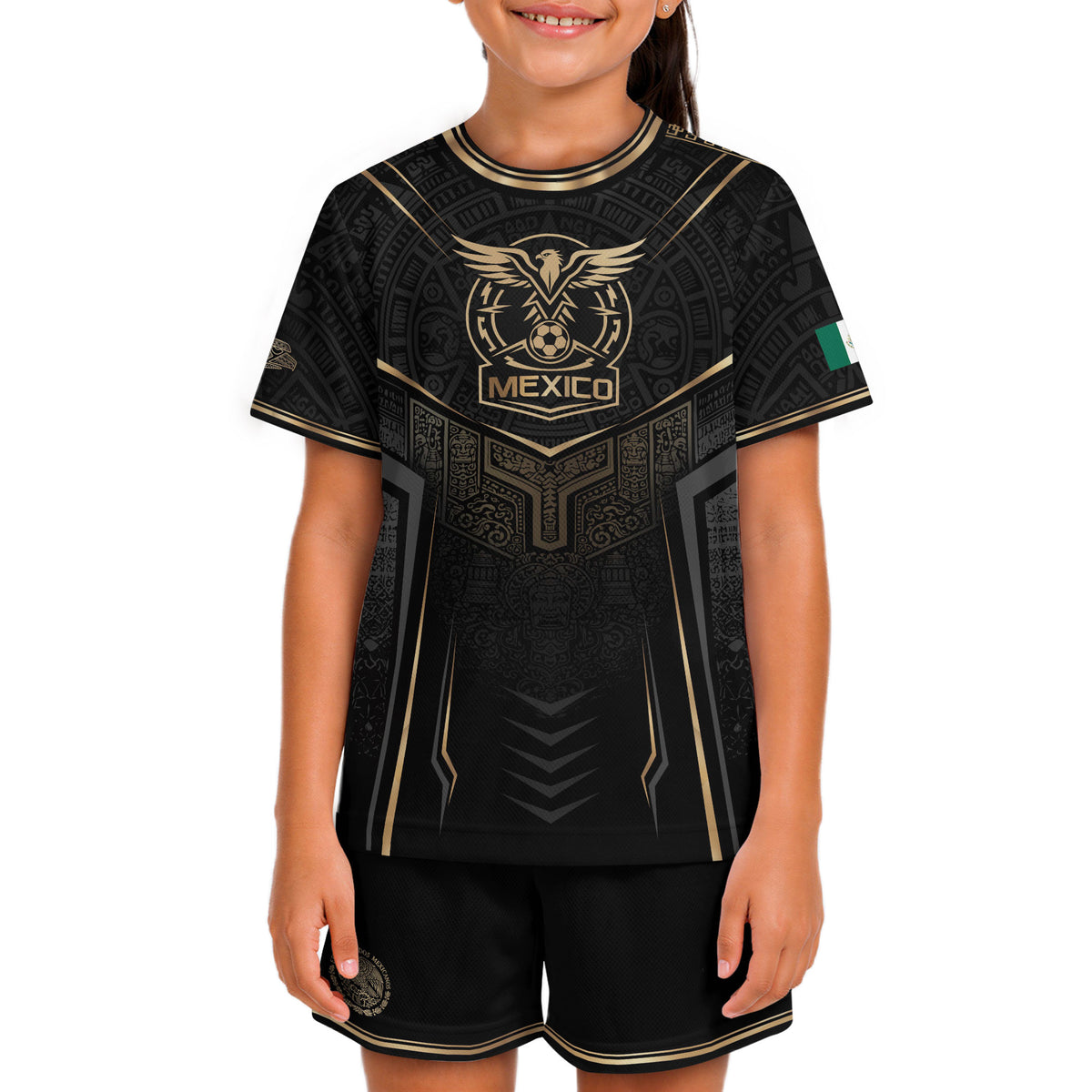 Camiseta de fútbol juvenil con estampado vertical del Águila Dorada Negra de México