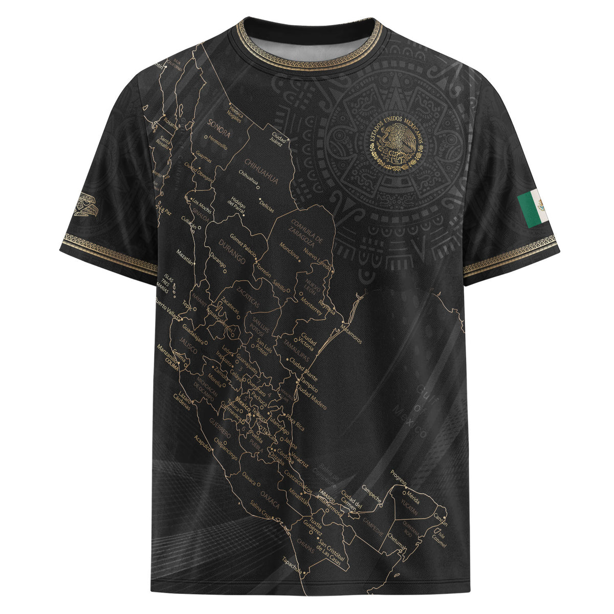 Camiseta de fútbol de México con diseño de mapa patrimonial de piedra solar azteca negra