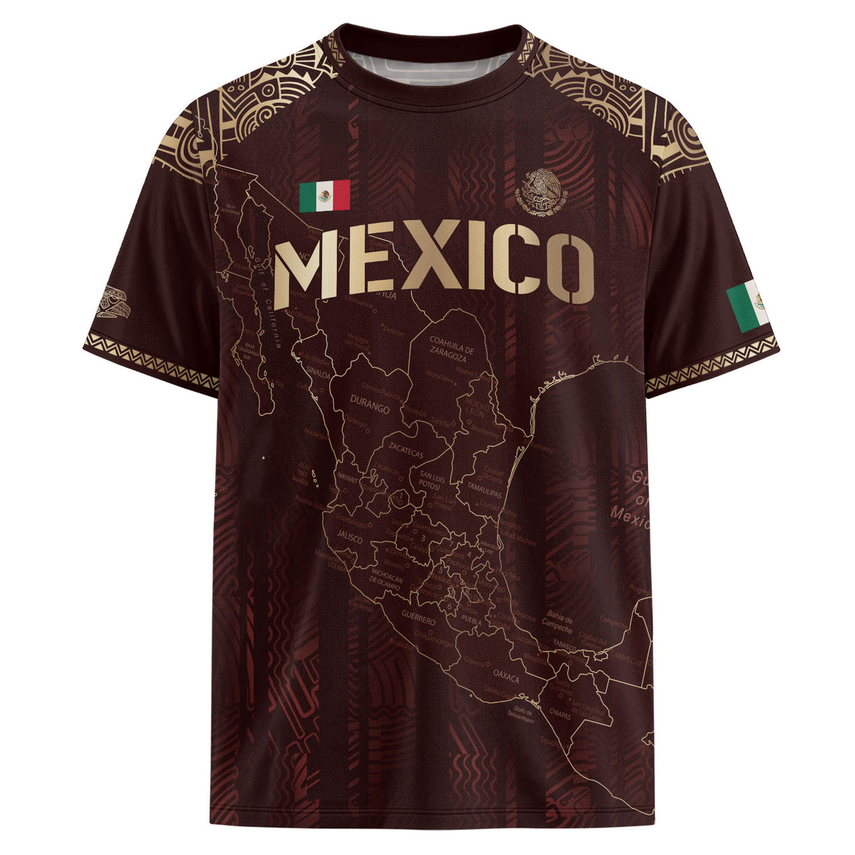 Mexico Soccer Jersey Burgundy Map Aztec Pattern Heritage Golden Details Design