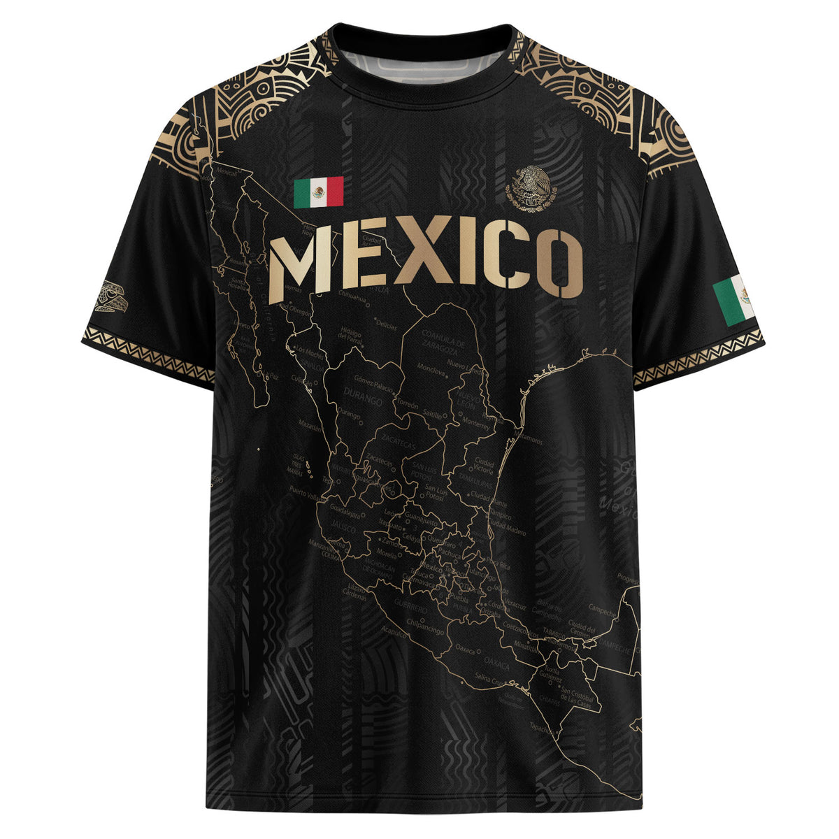 Camiseta de fútbol con el mapa de la herencia de México en negro y detalles aztecas dorados