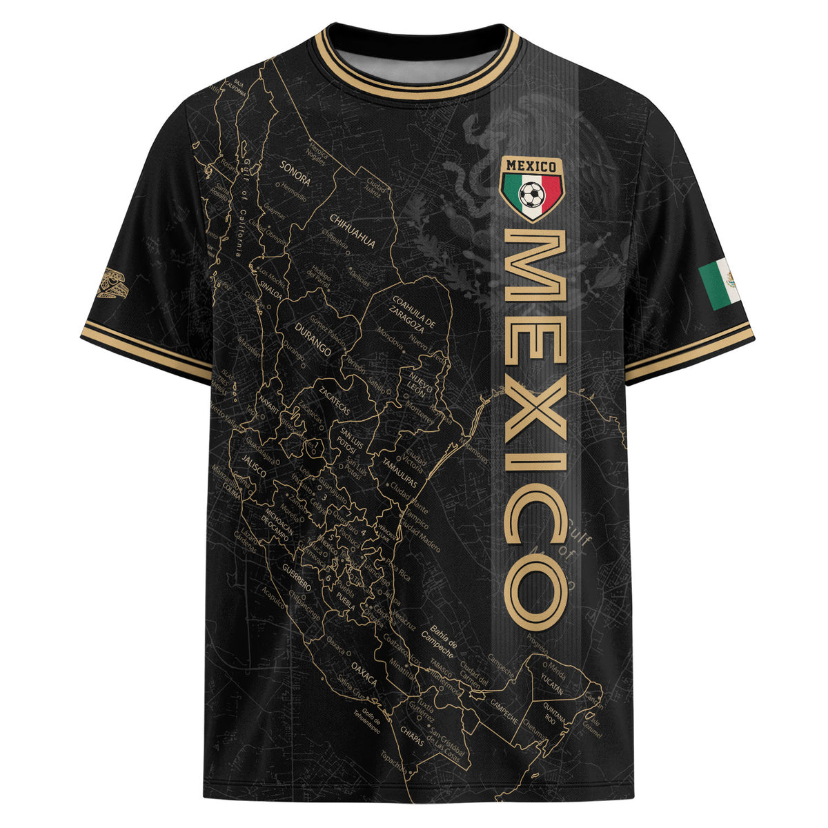 Camiseta de fútbol con el mapa de la herencia de México en negro y detalles aztecas dorados