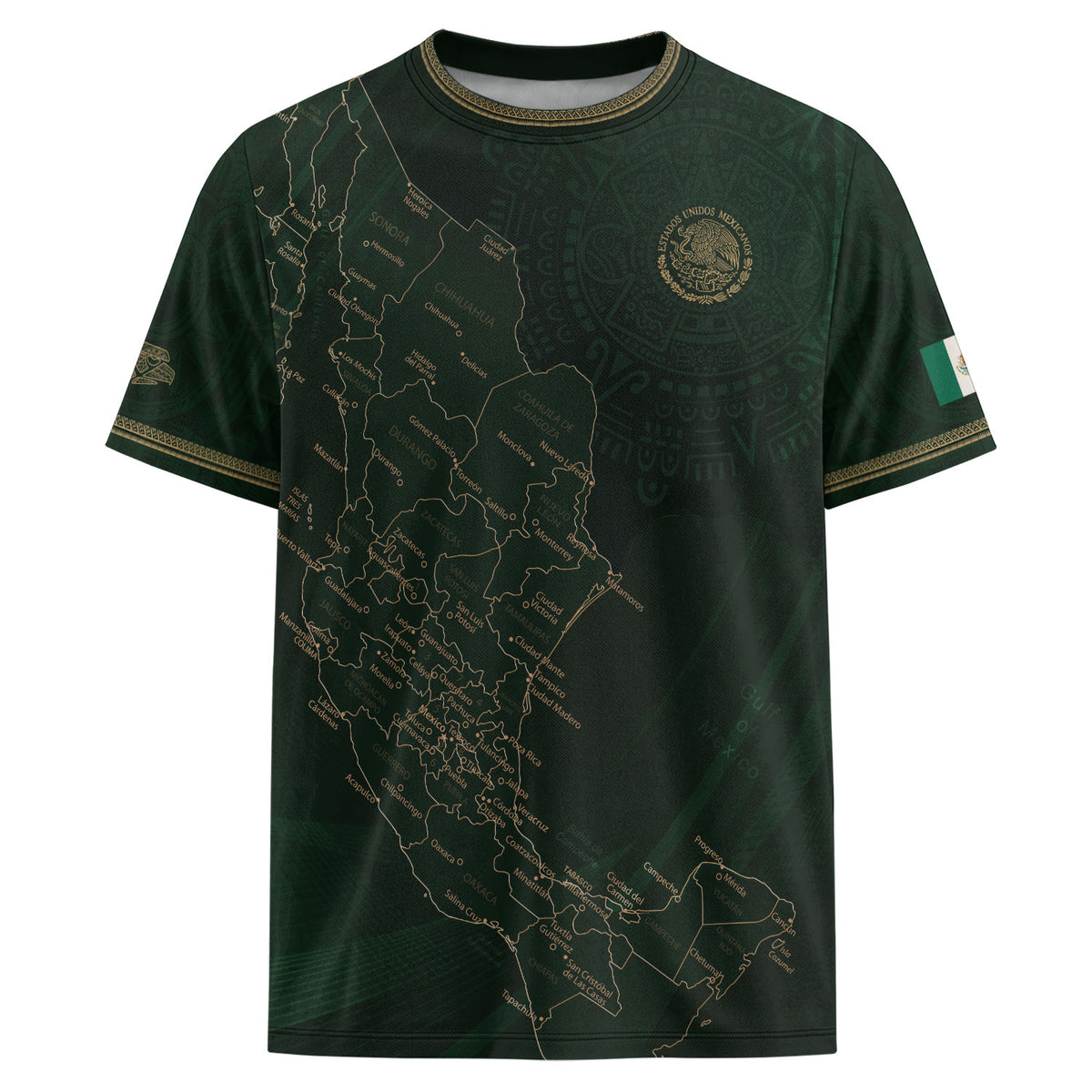 Camiseta de fútbol con diseño del mapa verde de México y orgullo azteca